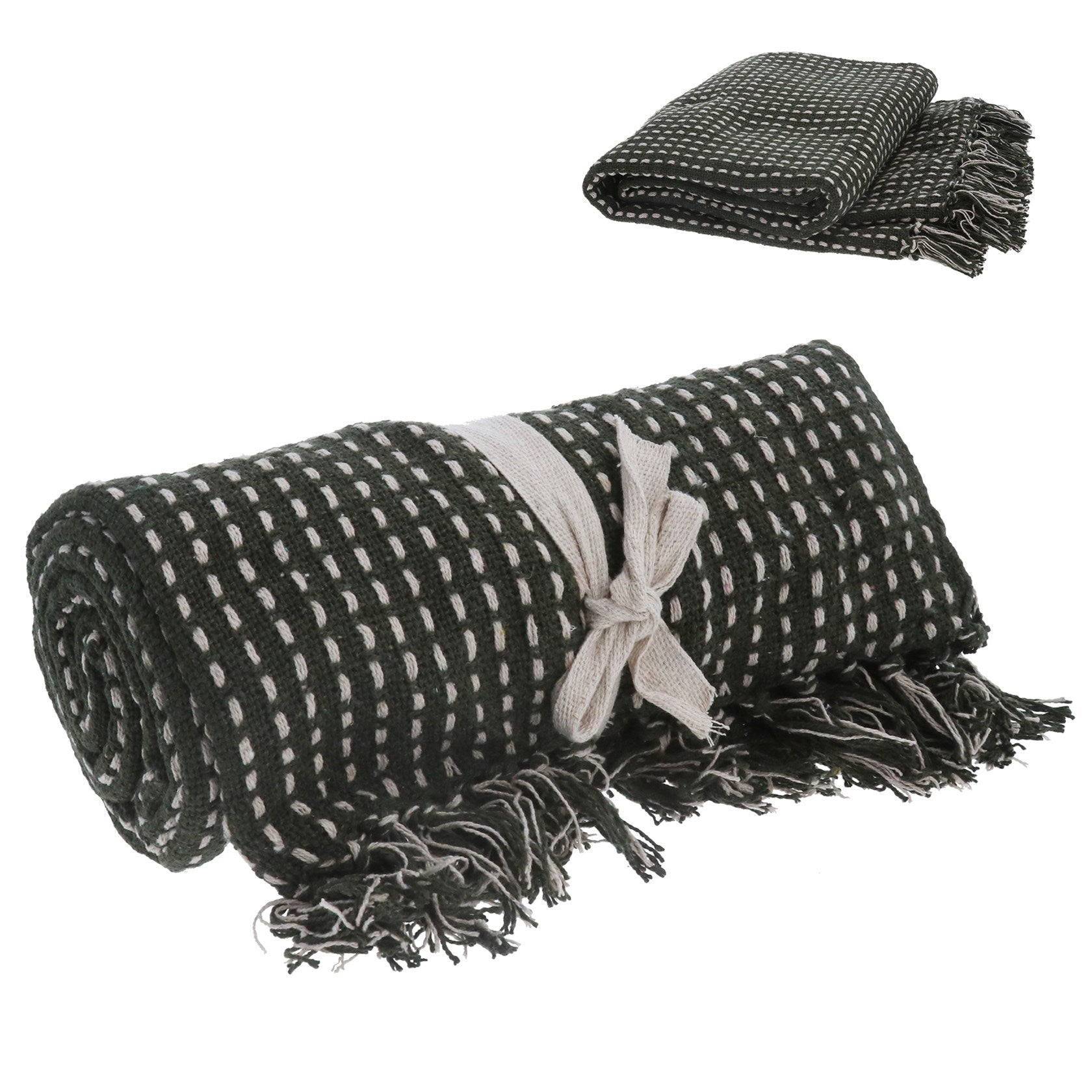 Khaki Woven Stab Stitch Cotton Throw