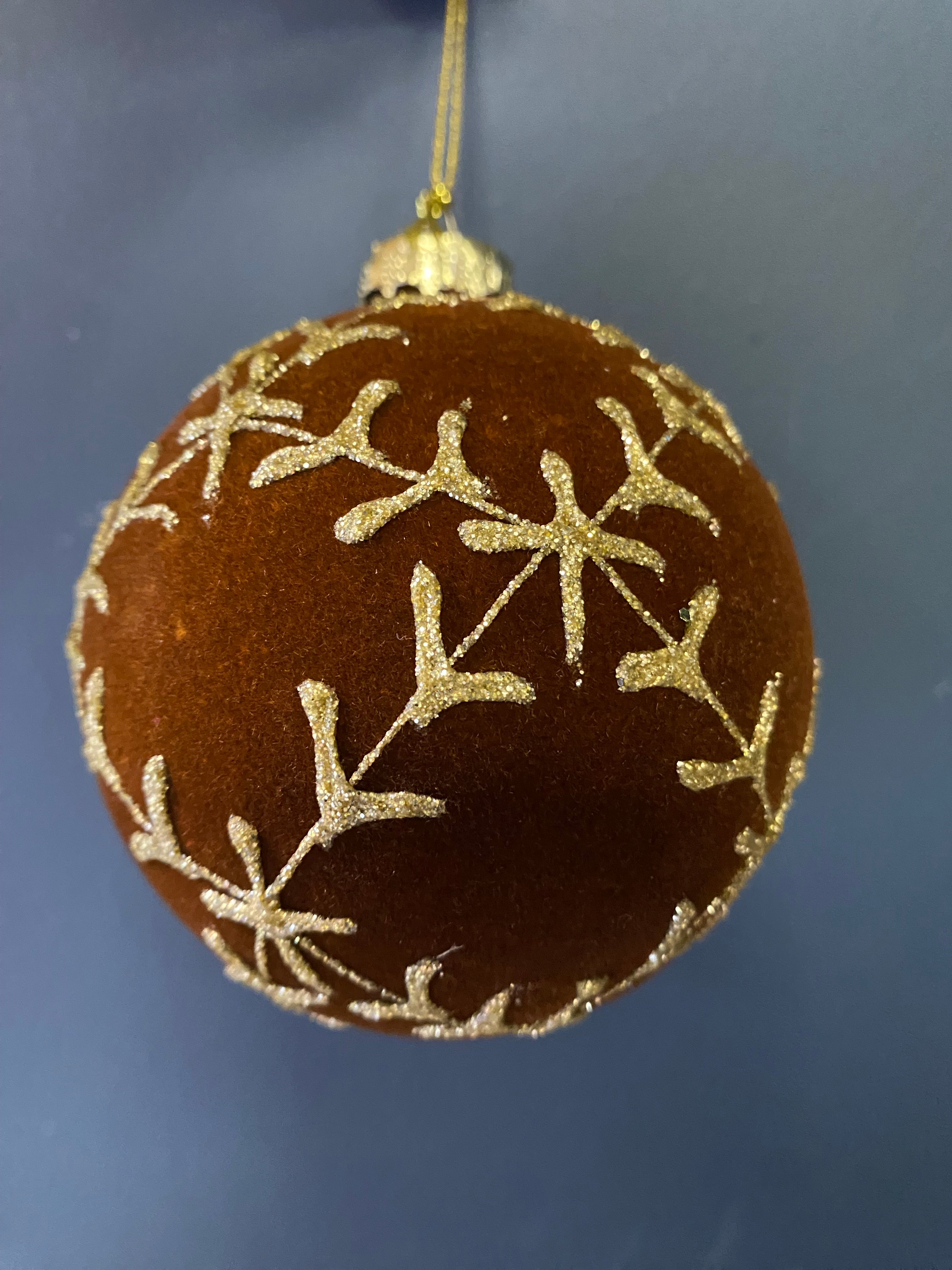 Flocked glass brown bauble with gold detail