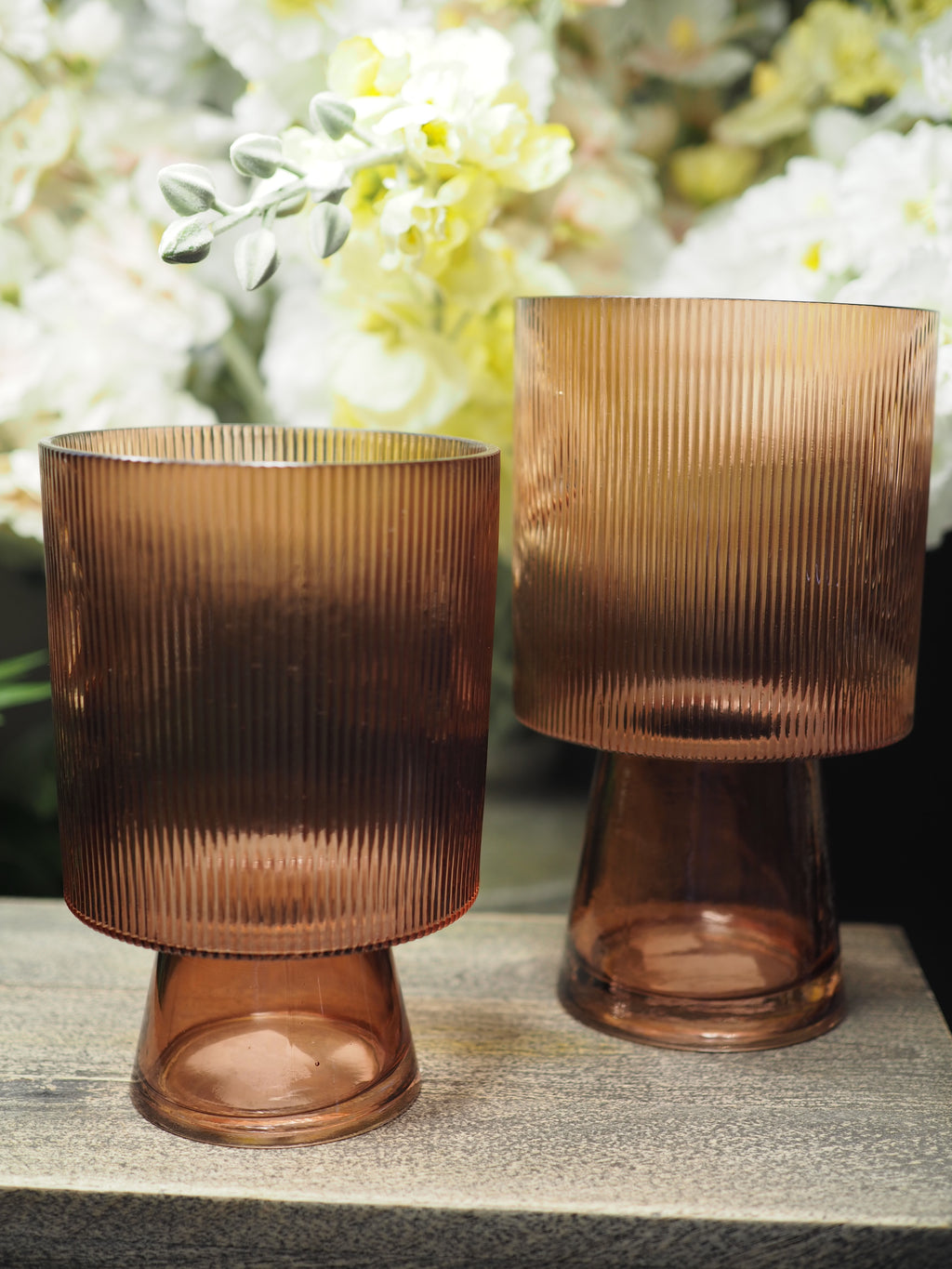 Pink ribbed glass vases (2 sizes)