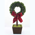 Potted boxwood wreath tree with burgundy bow