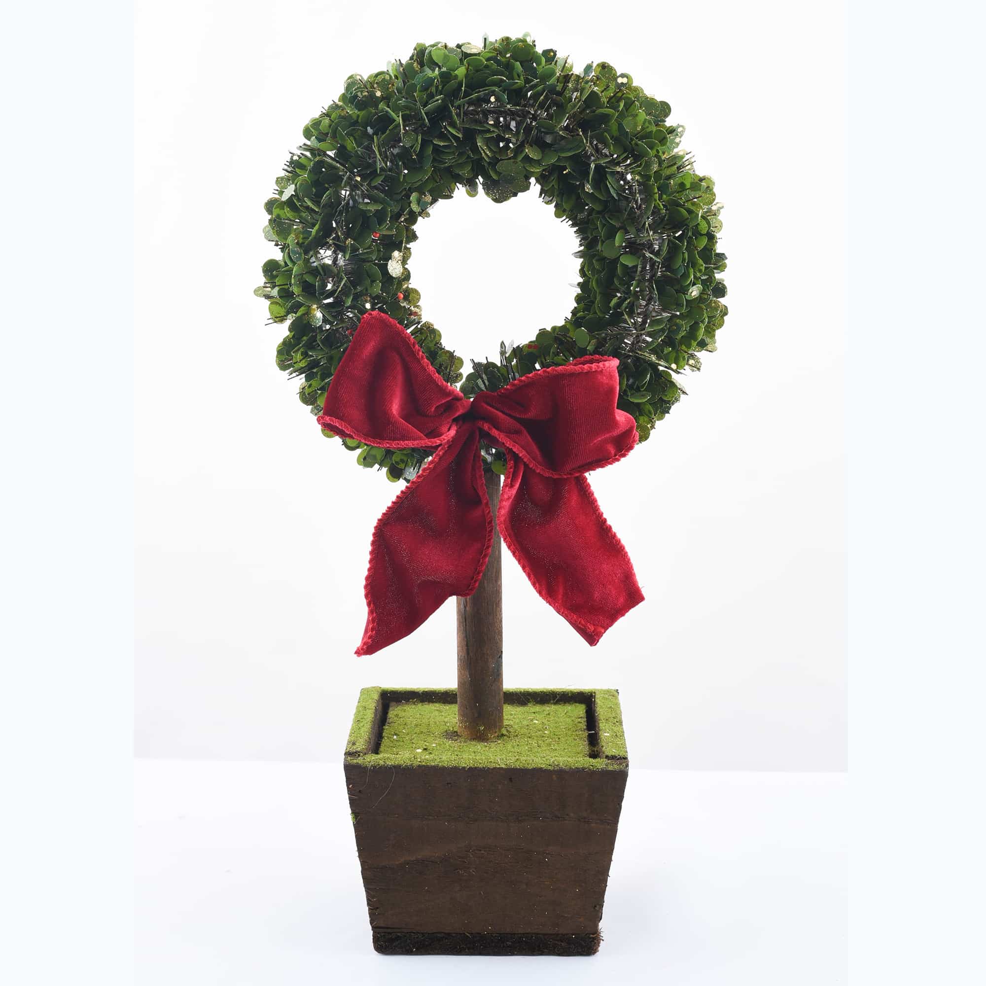 Potted boxwood wreath tree with burgundy bow