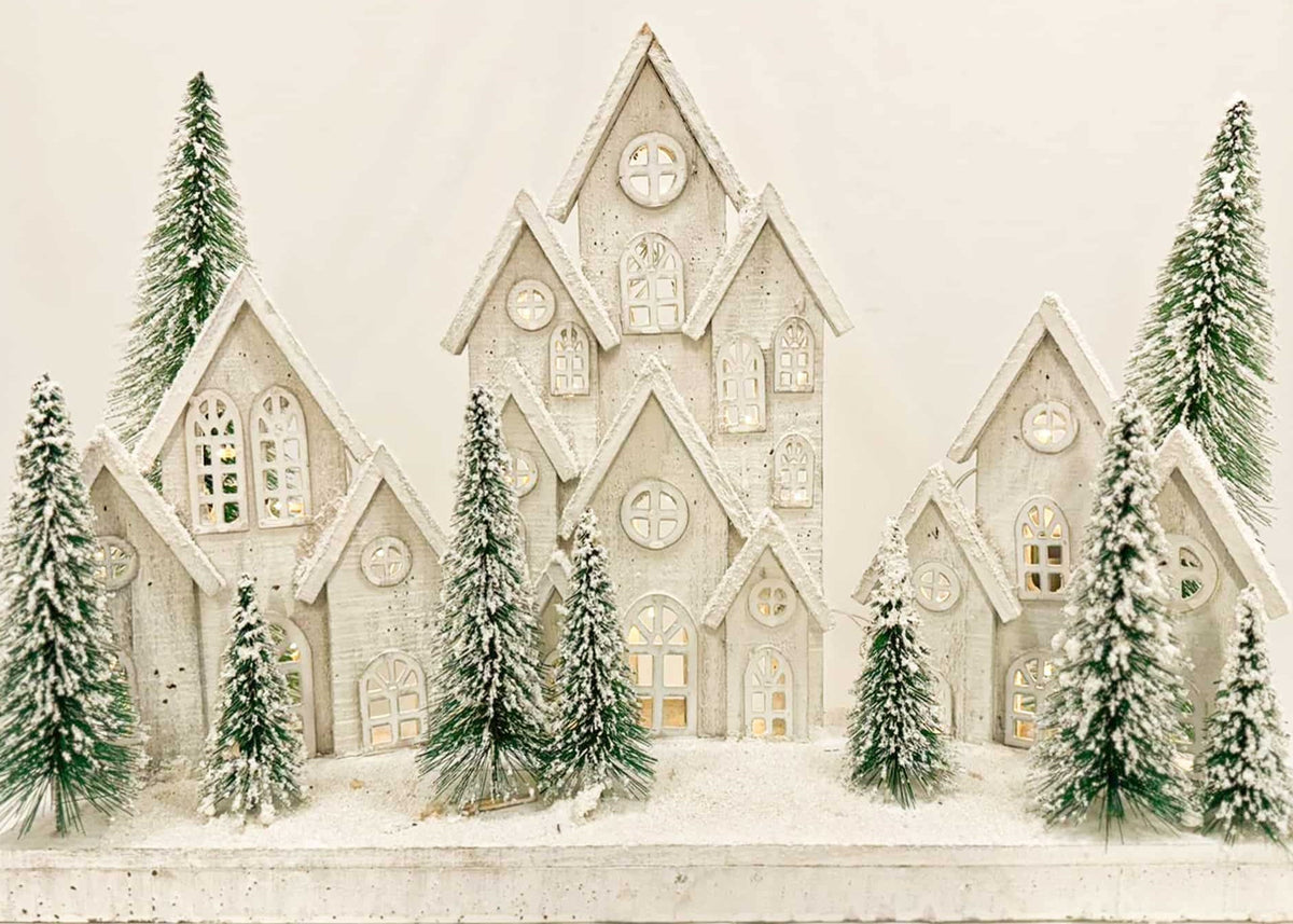 Large winter village scene with lights