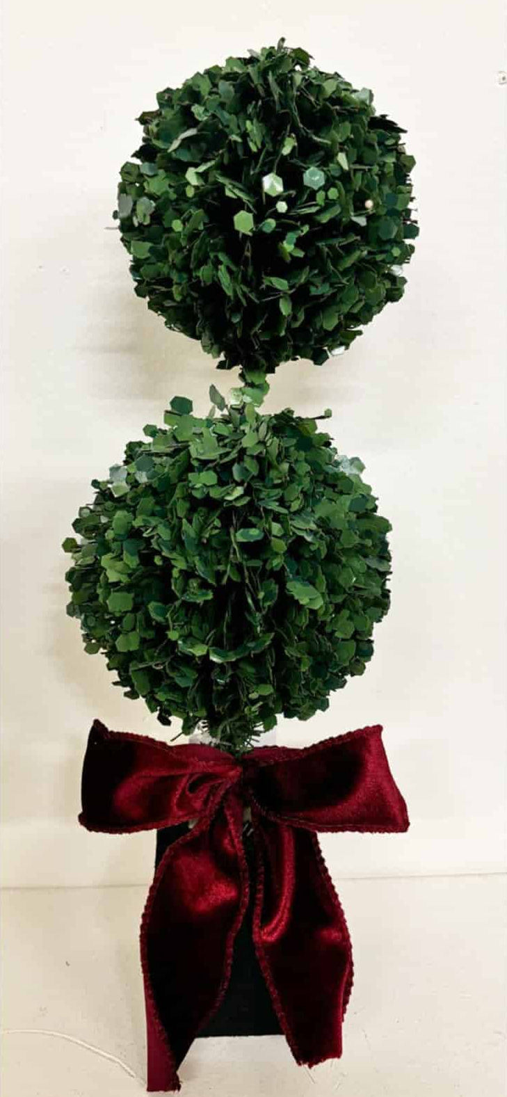 Large sparkle boxwood topiary tree with bow