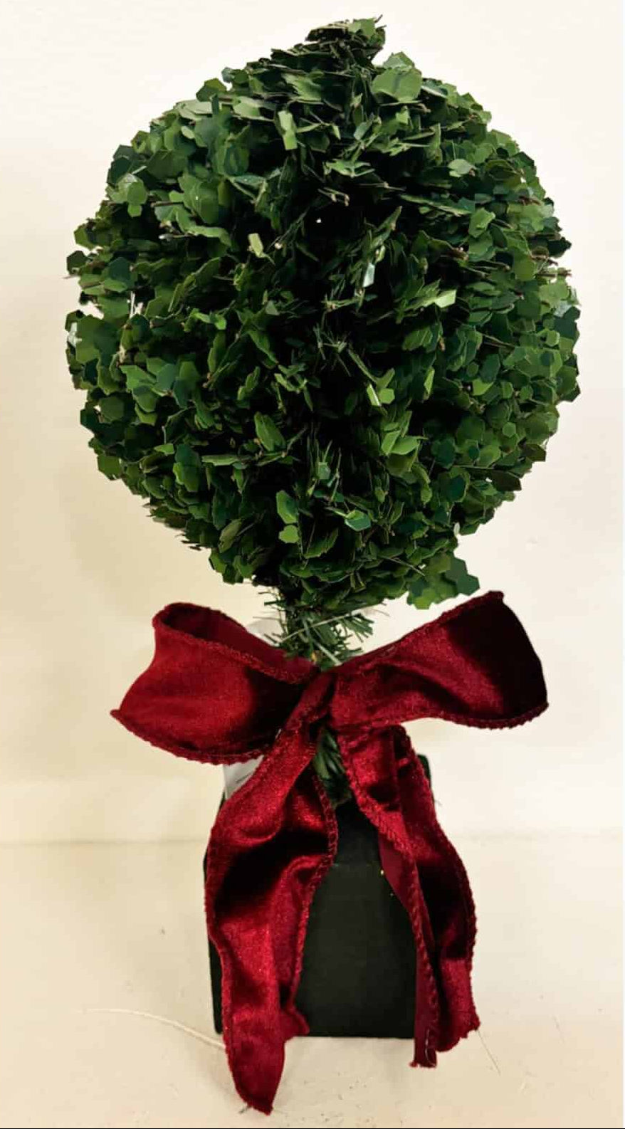 Small sparkle boxwood topiary tree with bow