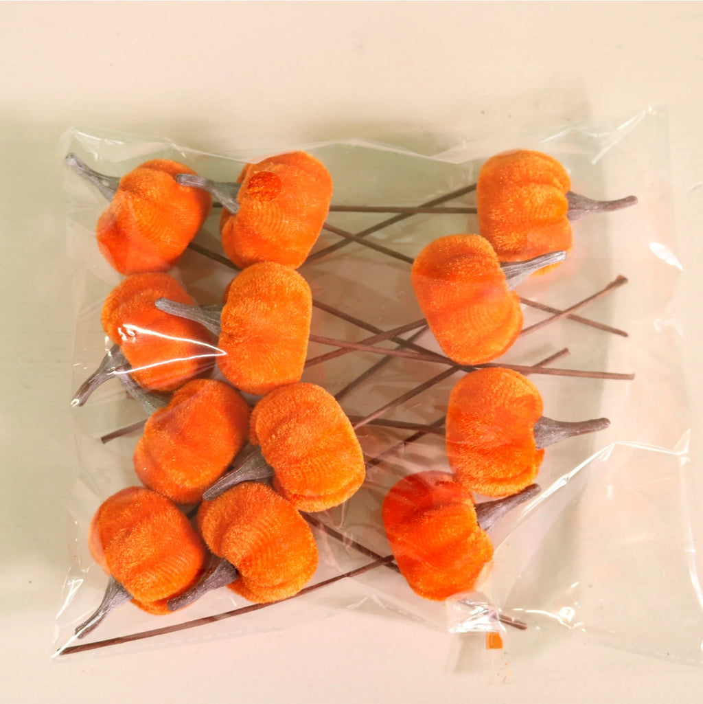 Mini burnt orange velvet pumpkin picks - 3cm