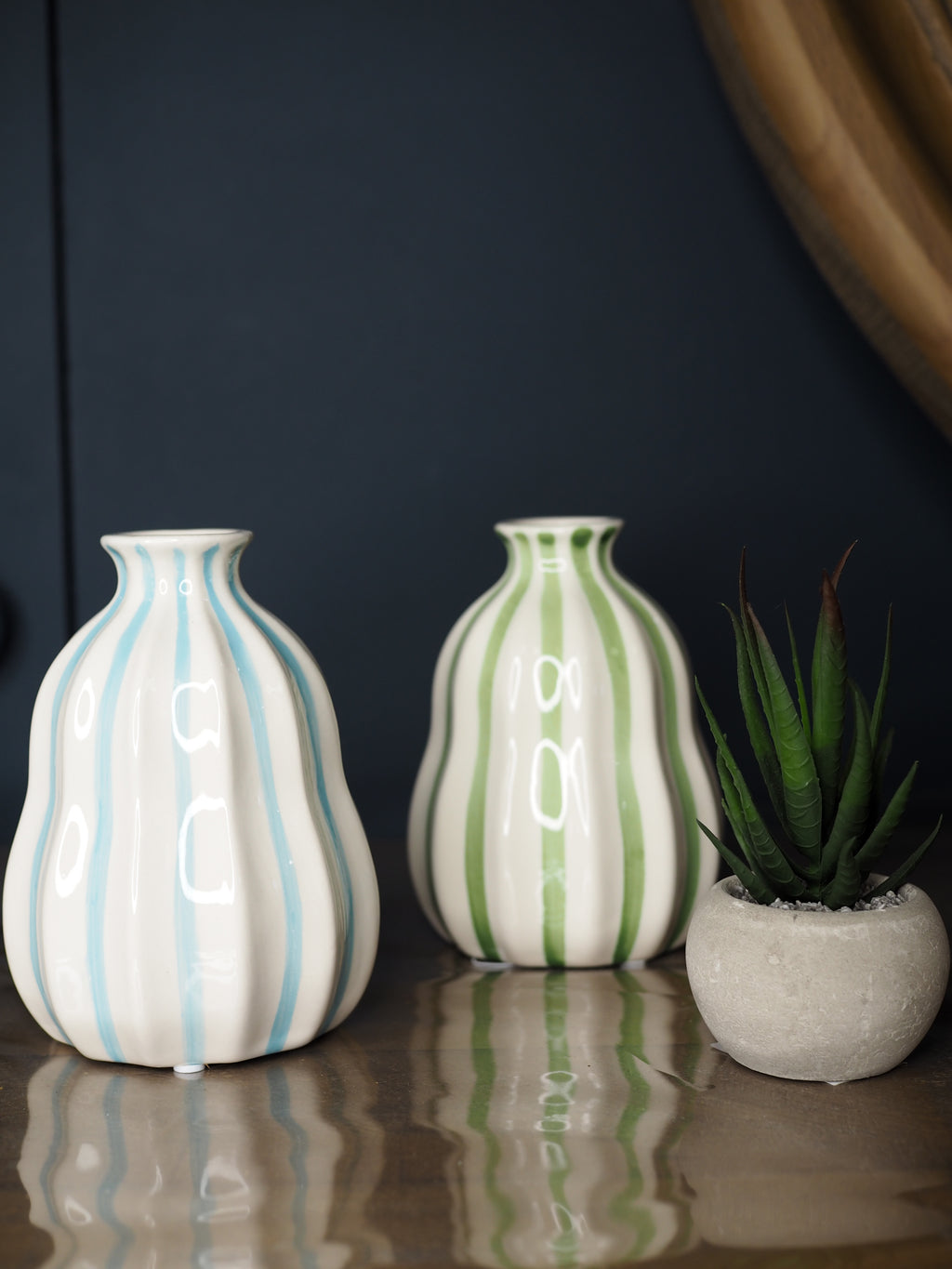 Blue stripe stoneware balloon decorative small vase