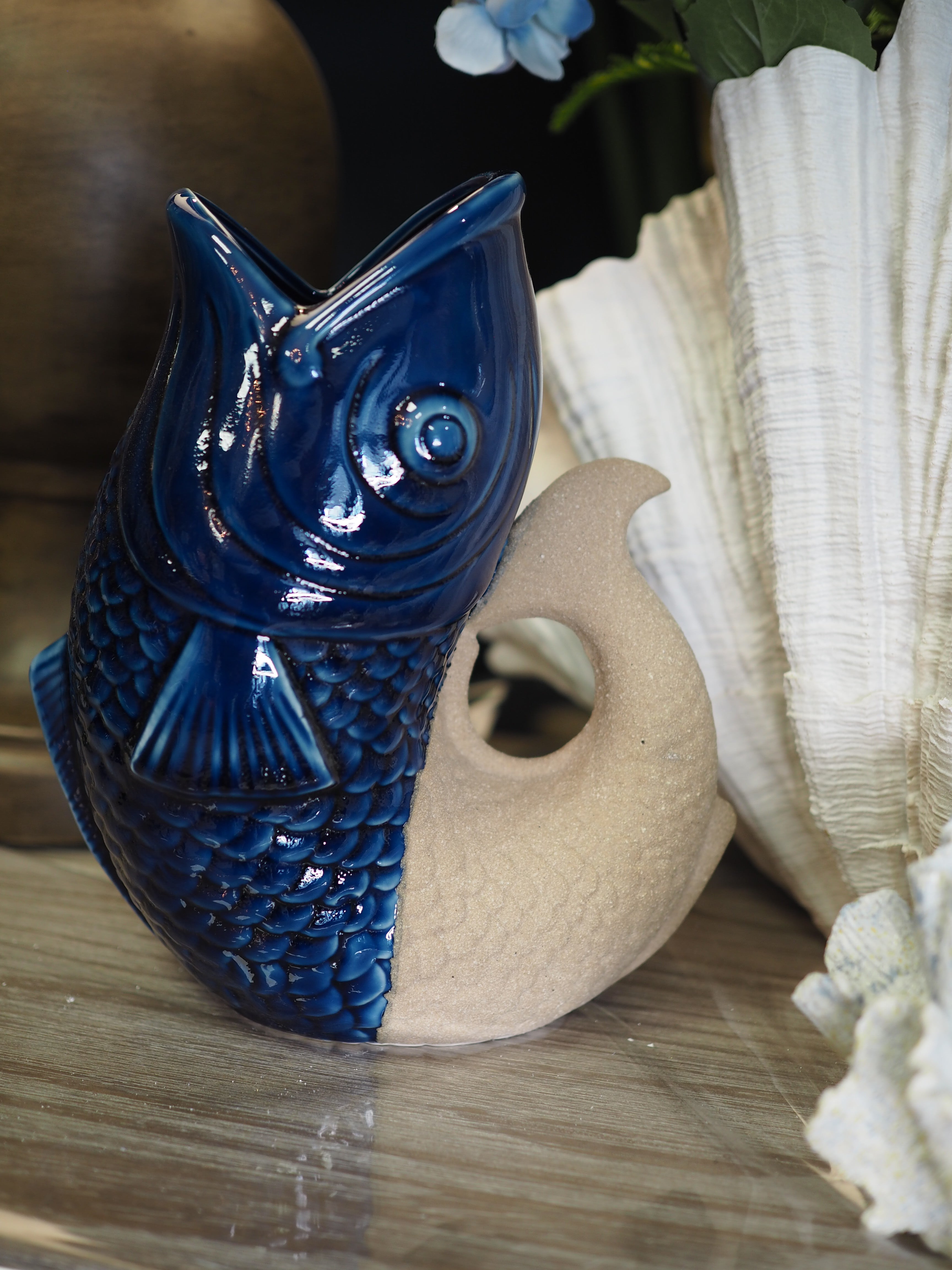 Porcelain blue and sand fish vase with glaze finish