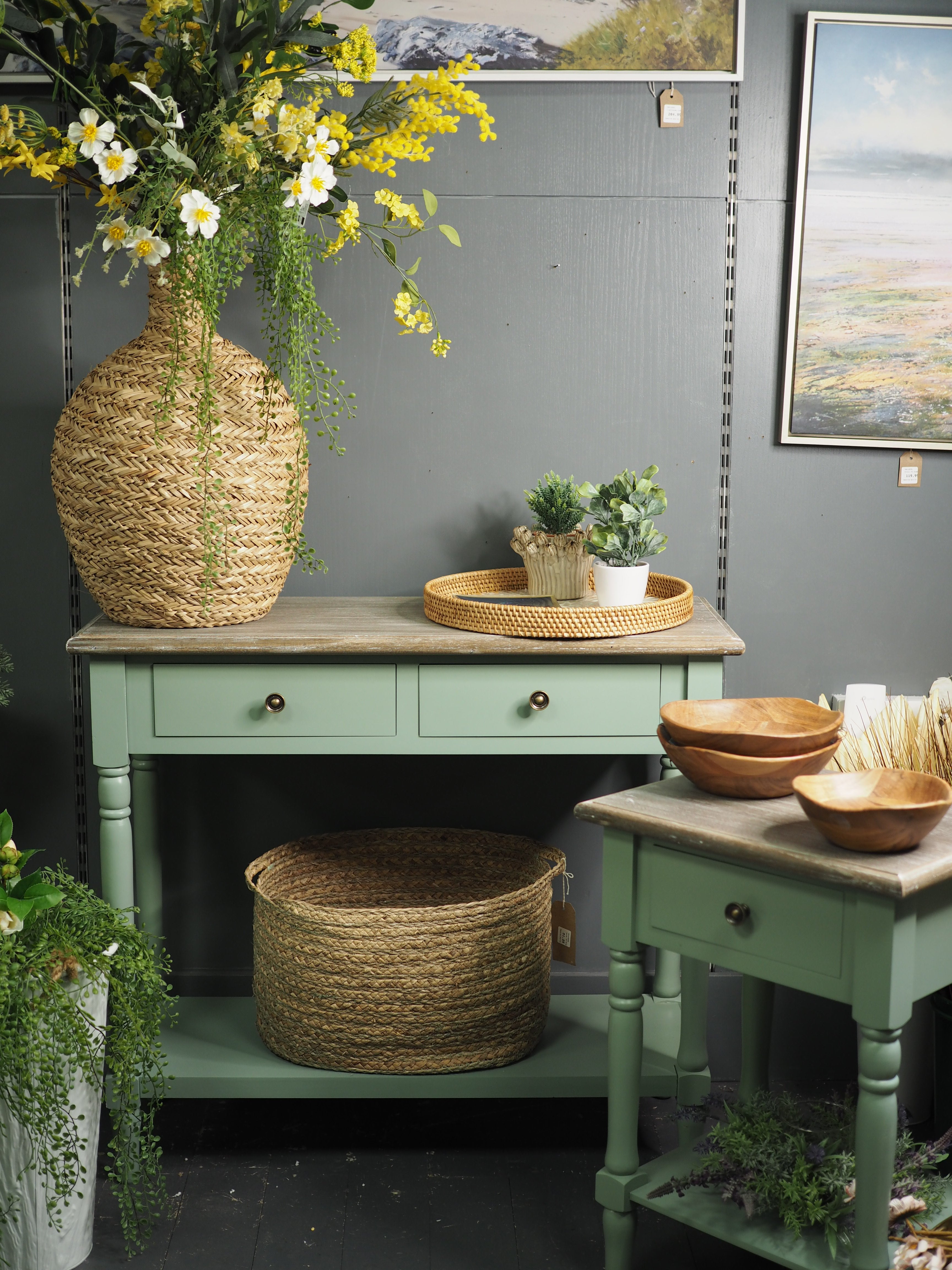 Two drawer green console table with shelf