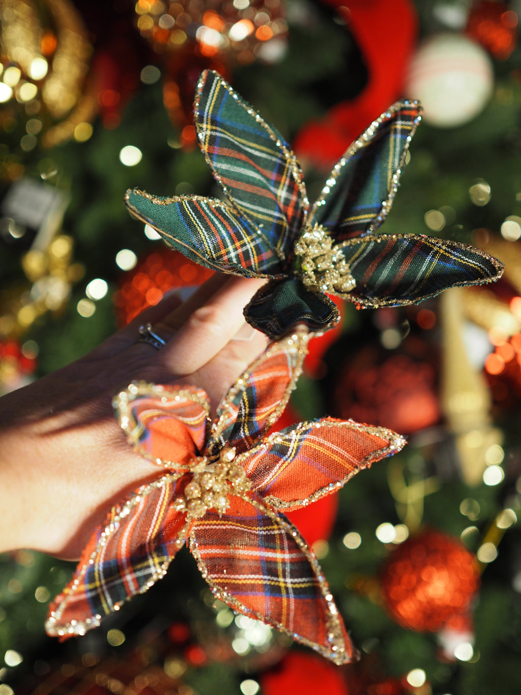 Tartan fabric poinsettia clips