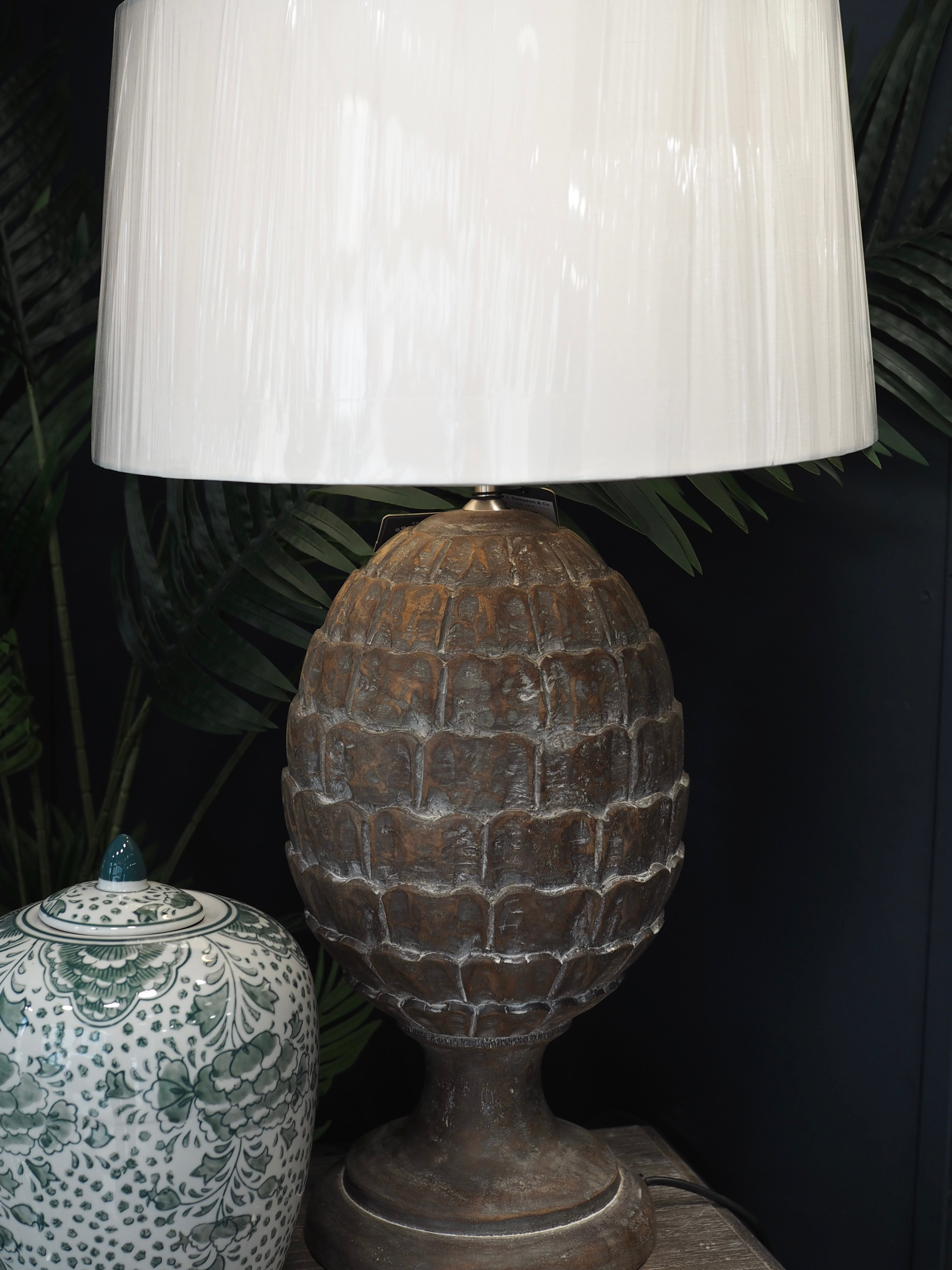 Large wood pinecone lamp base with cream shade