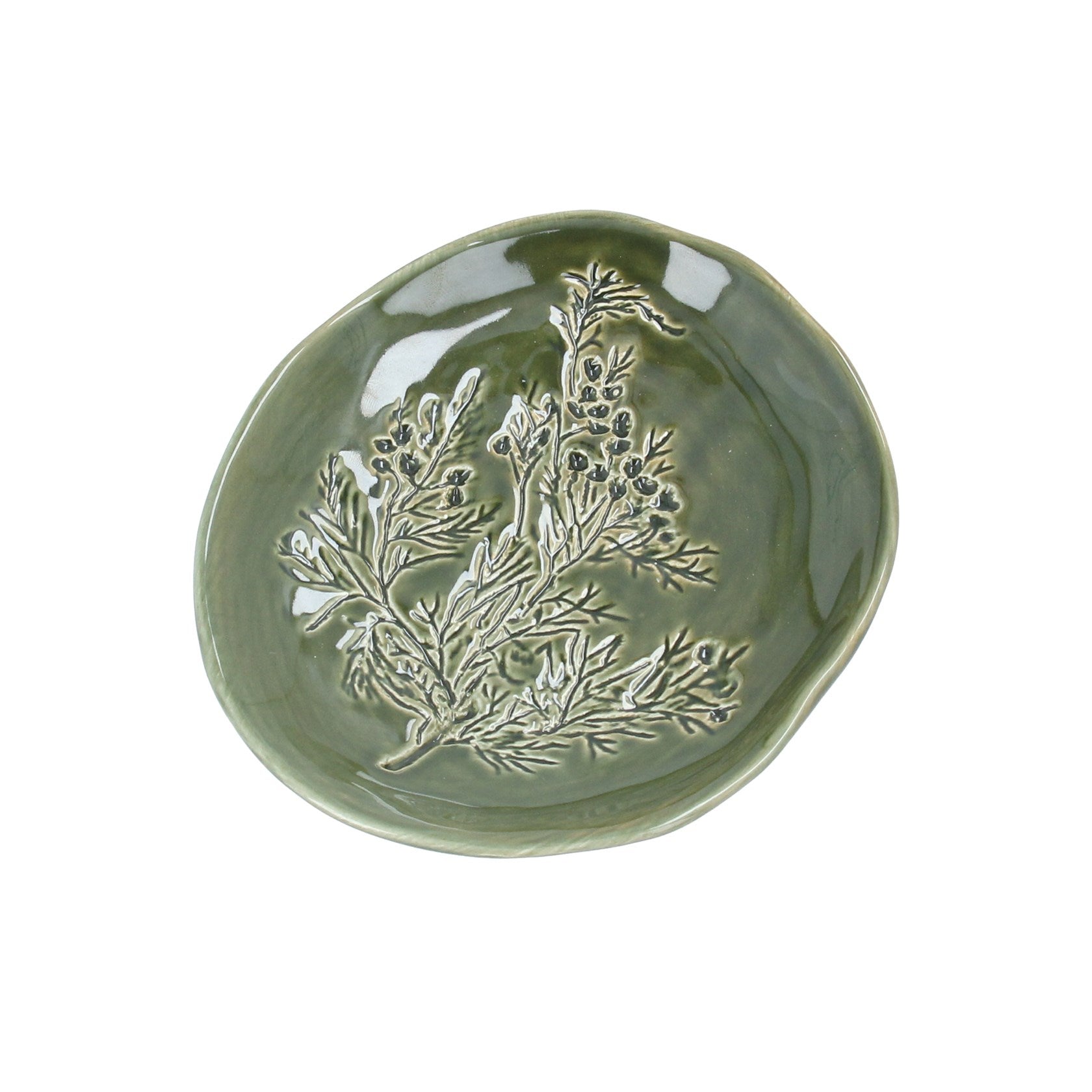 Green earthenware dill flower trinket plate