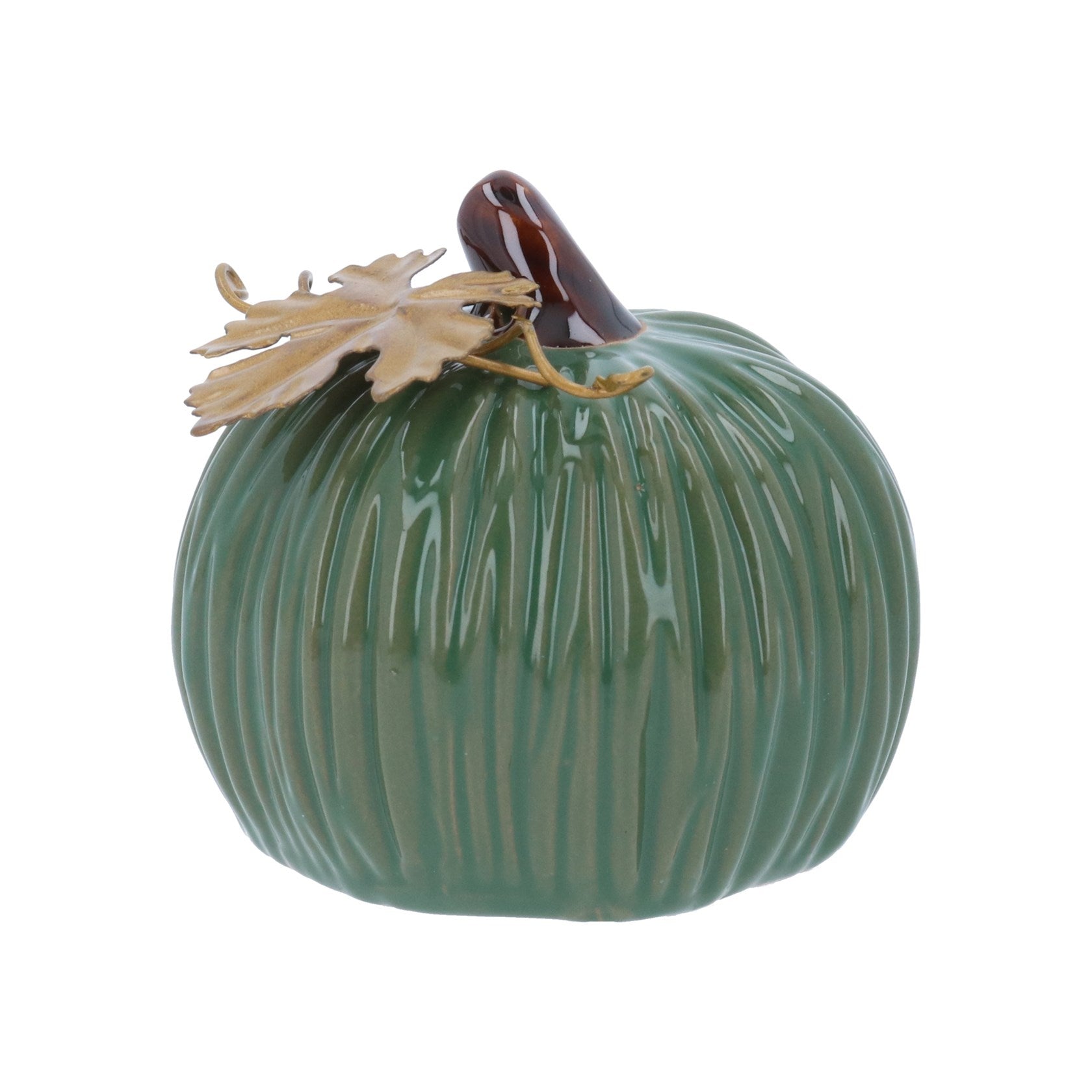 Green glossy stoneware mini pumpkin ornament with gold leaf