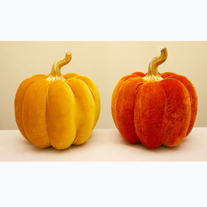 Large orange velvet pumpkin with gold stem