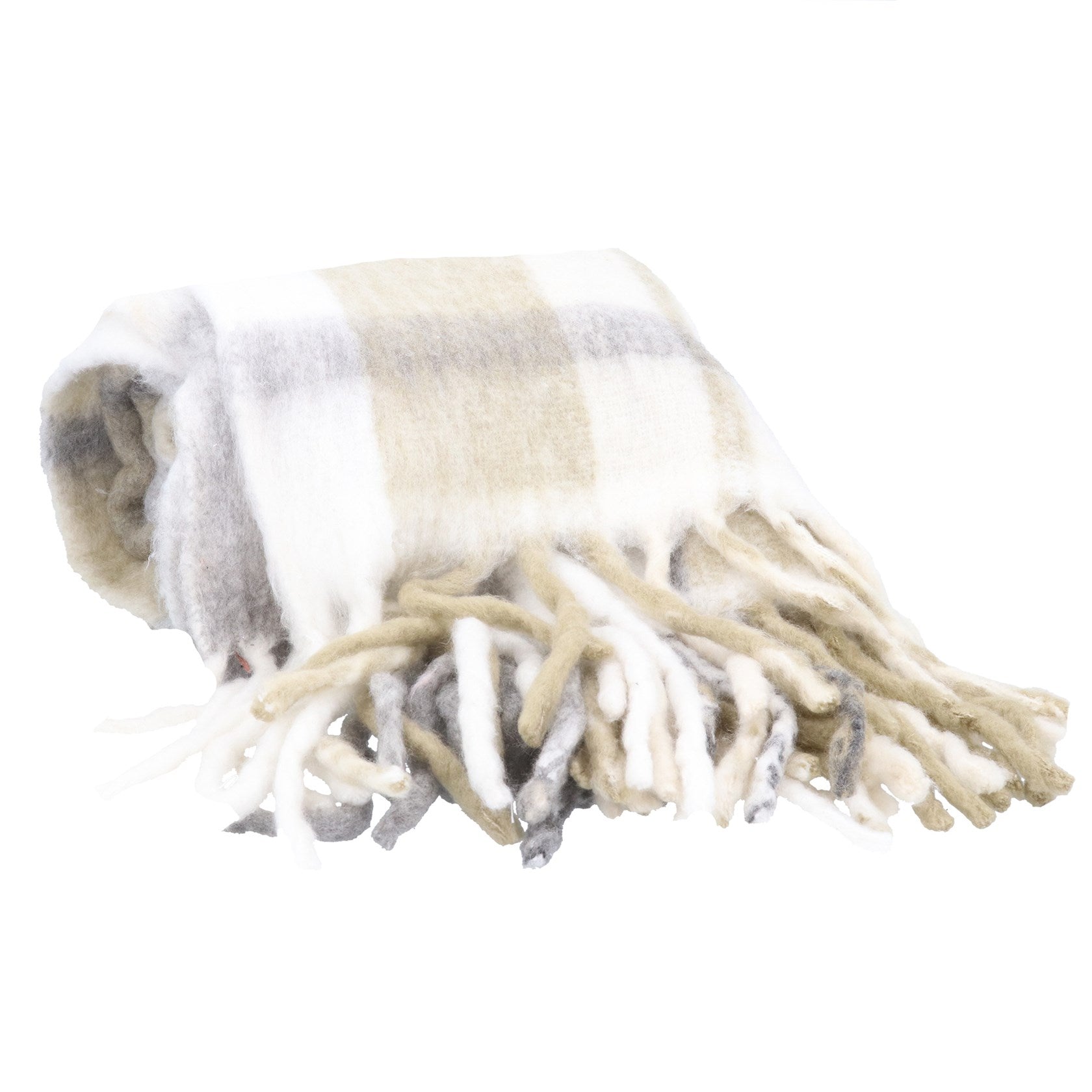 Grey & taupe checked tassel fringe cosy throw