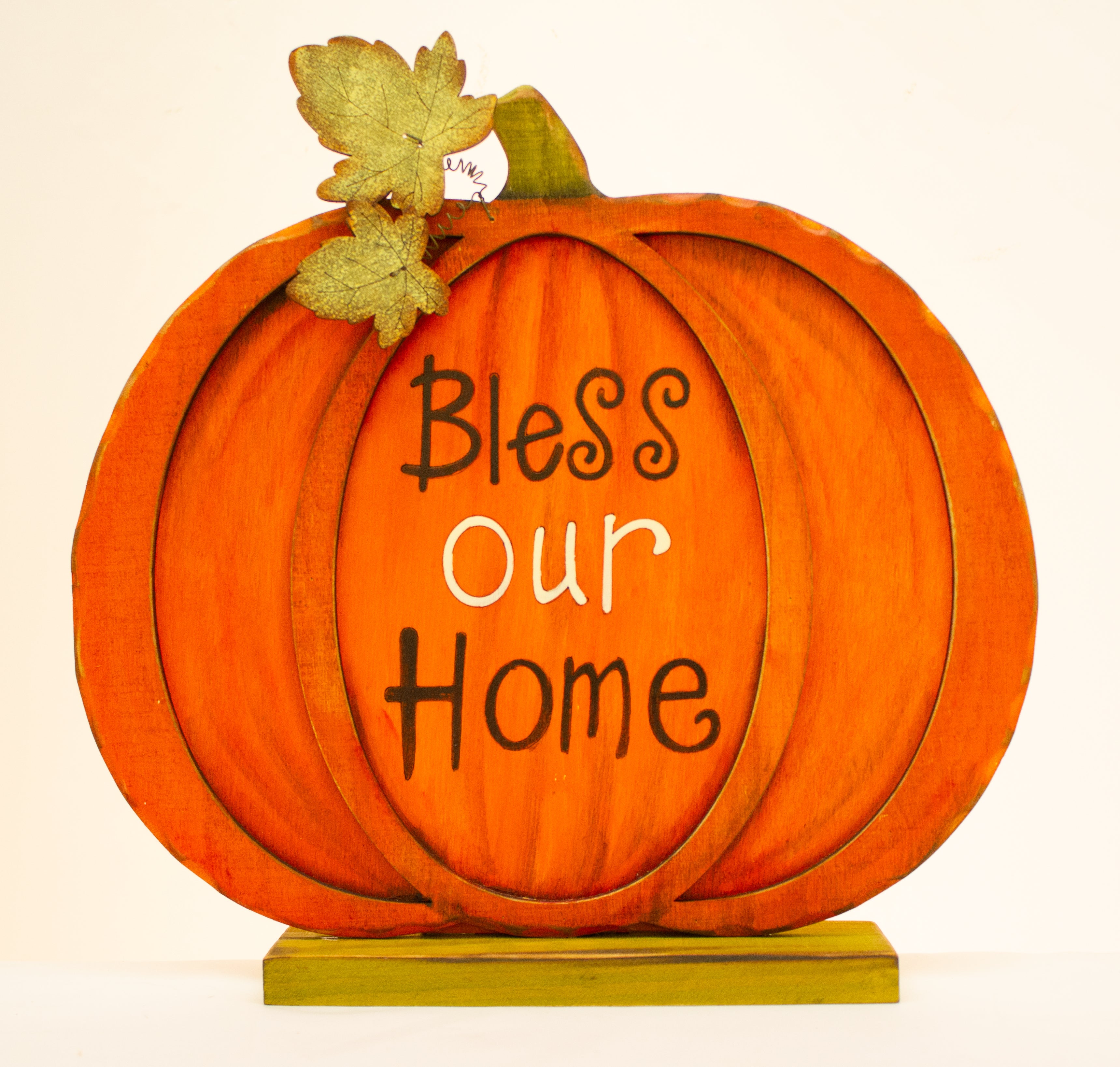 ' Bless our home'  wooden pumpkin on plinth