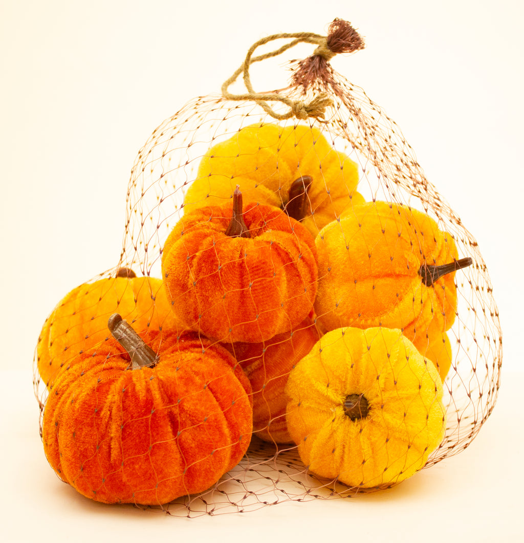 Bag of orange and yellow velvet pumpkins