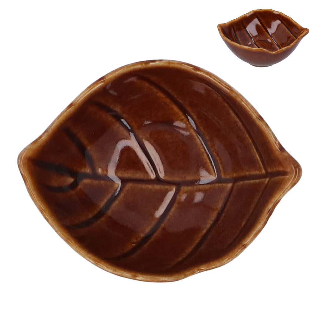 Brown glossy stoneware mini leaf dish