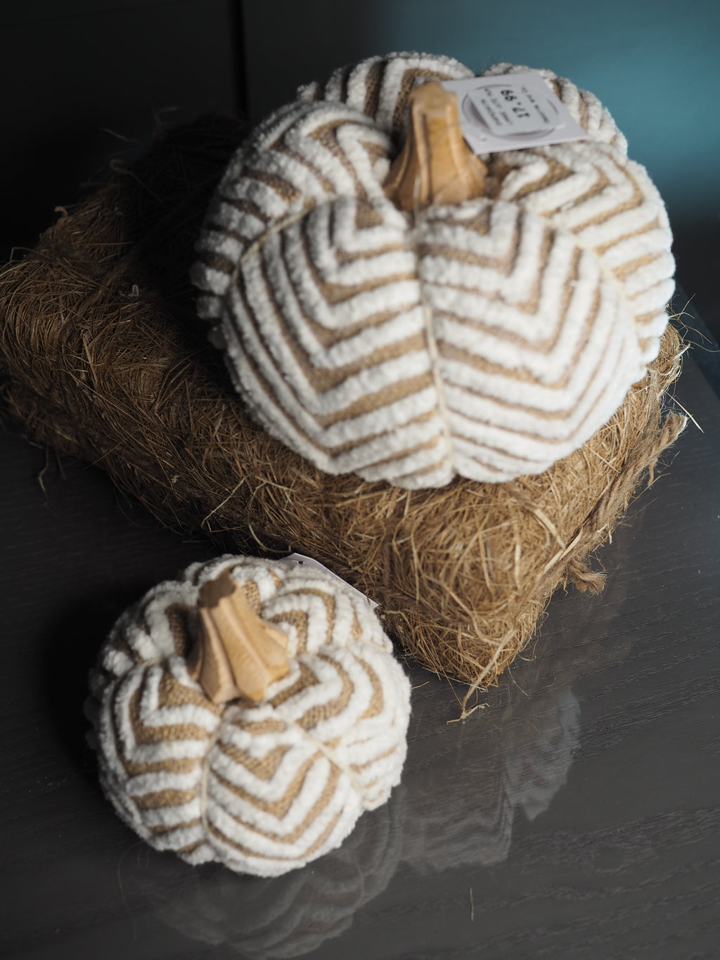 Large jute pumpkin with wooden stem