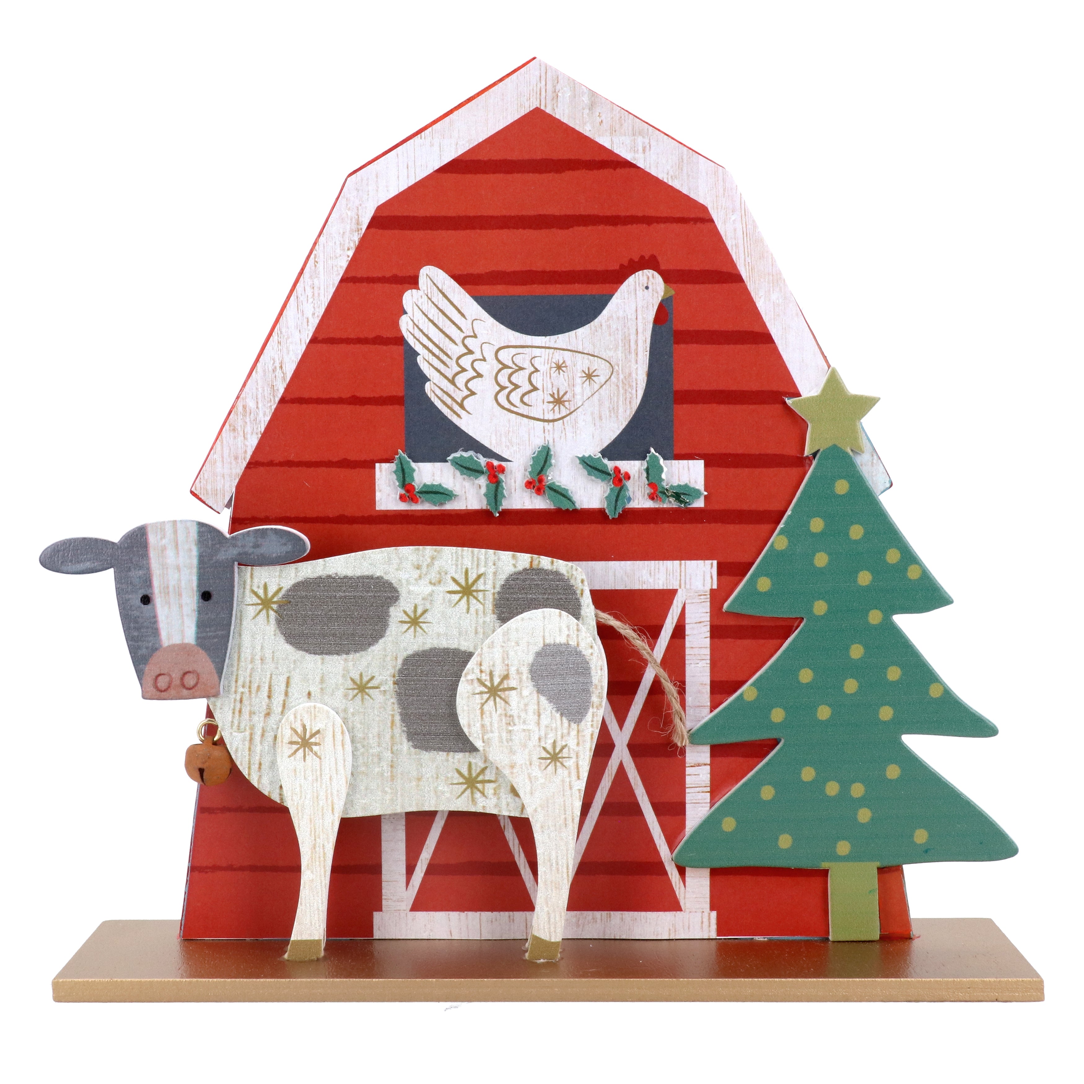 Wooden Red barn and farm animal Christmas wooden ornament