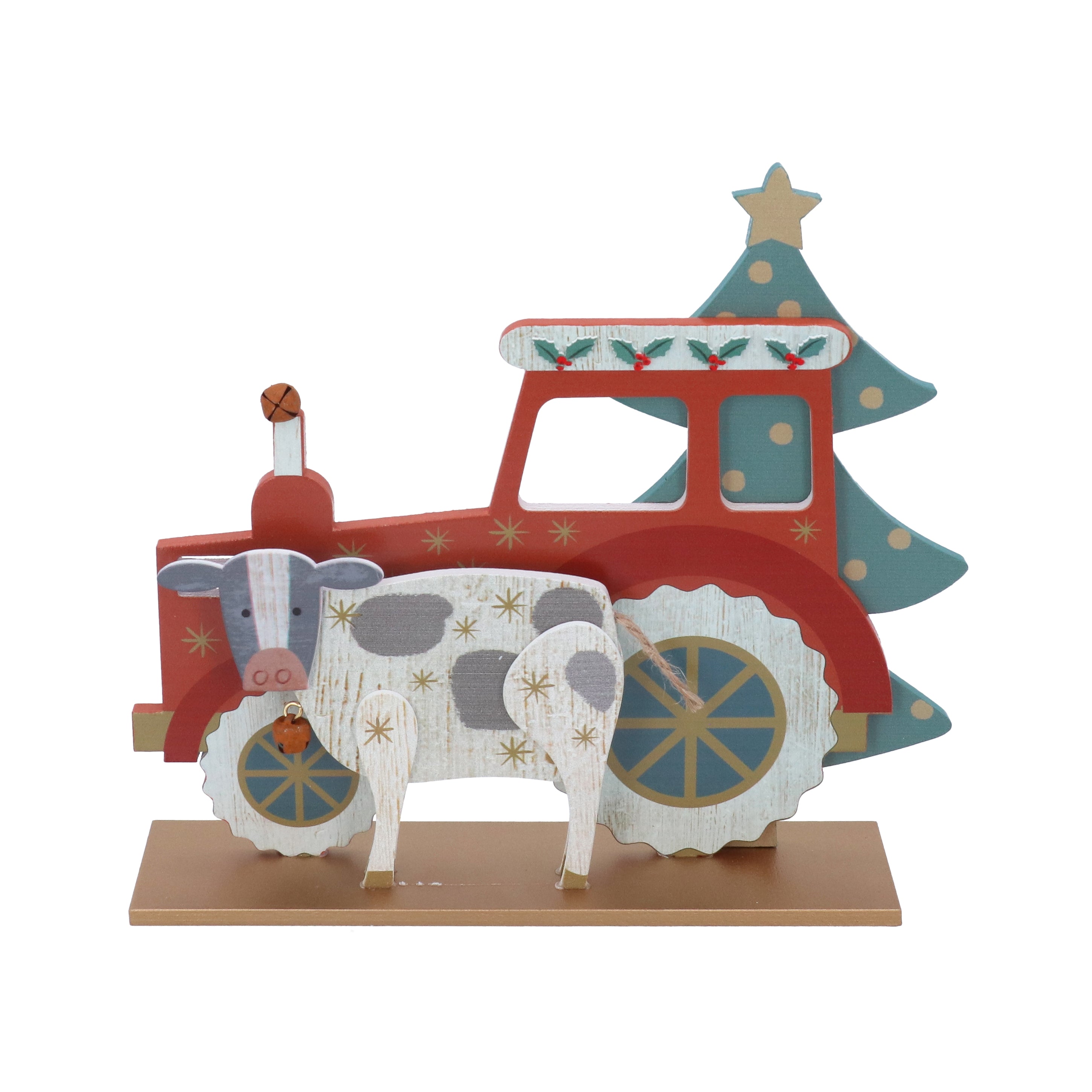 Tractor, cow and Christmas tree wooden ornament