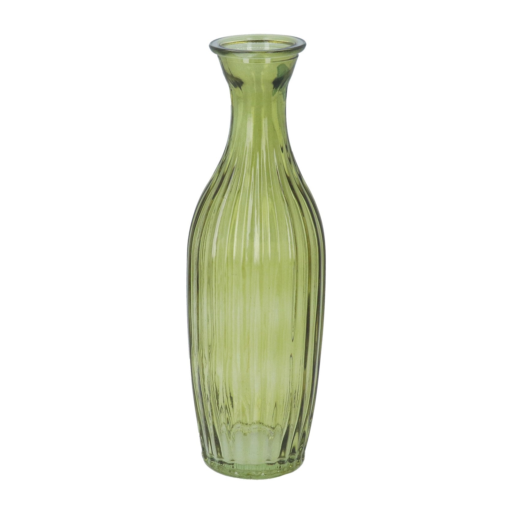 Olive green glass ribbed tall slim bud vase