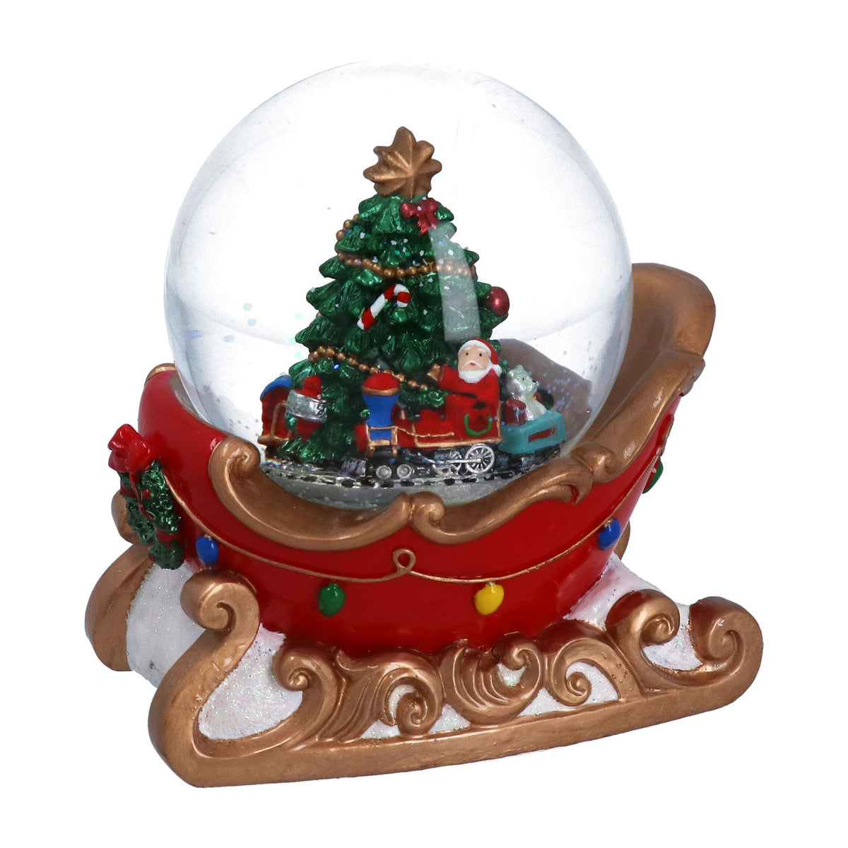 Sleigh shaped musical snow dome with Christmas tree