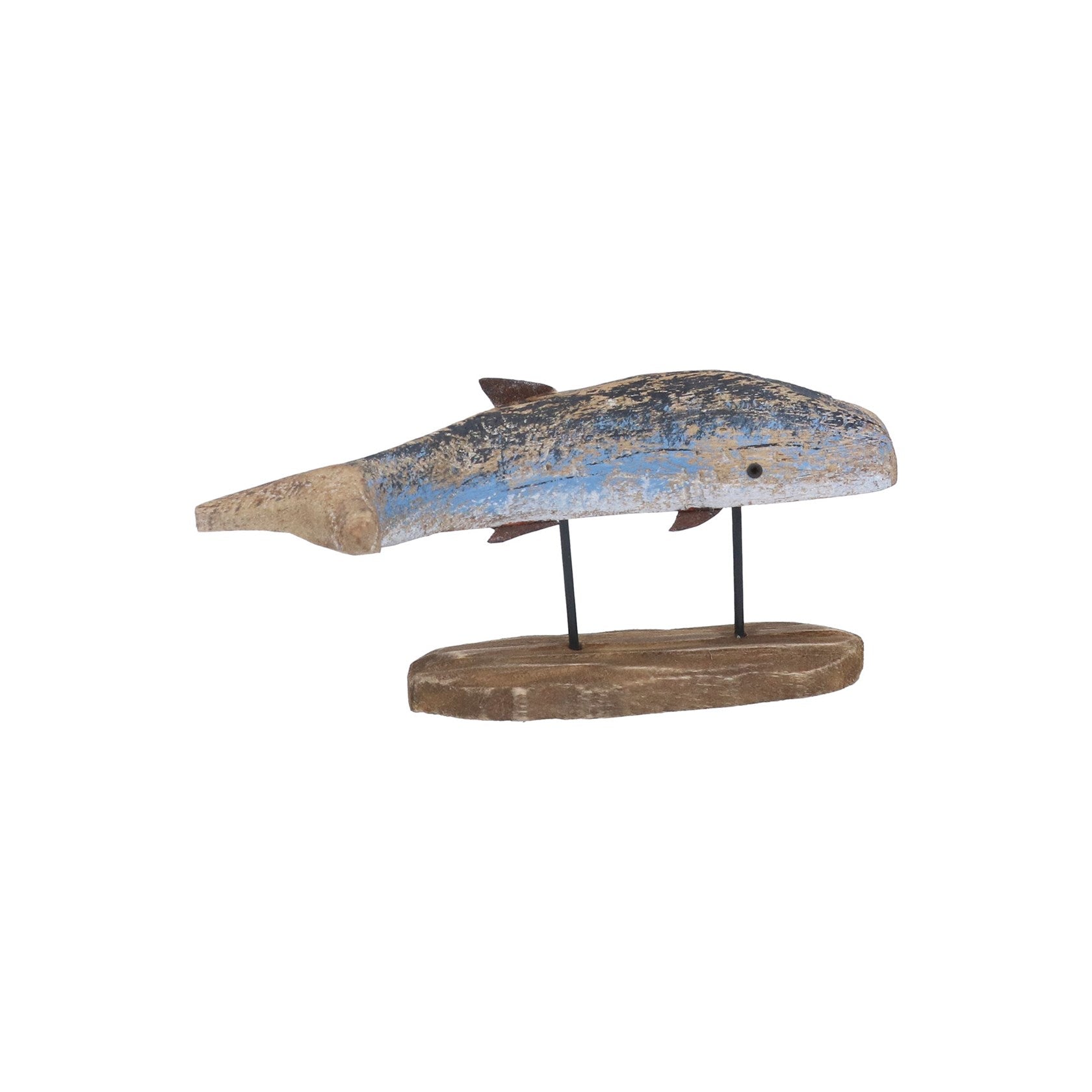 Rustic wood blue whale on plinth ornament