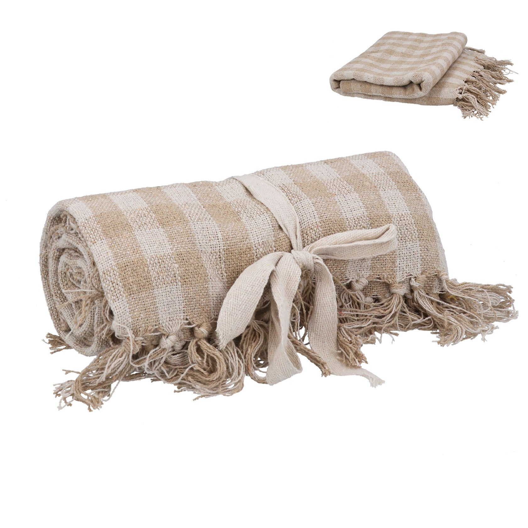 Taupe bistro check woven cotton throw