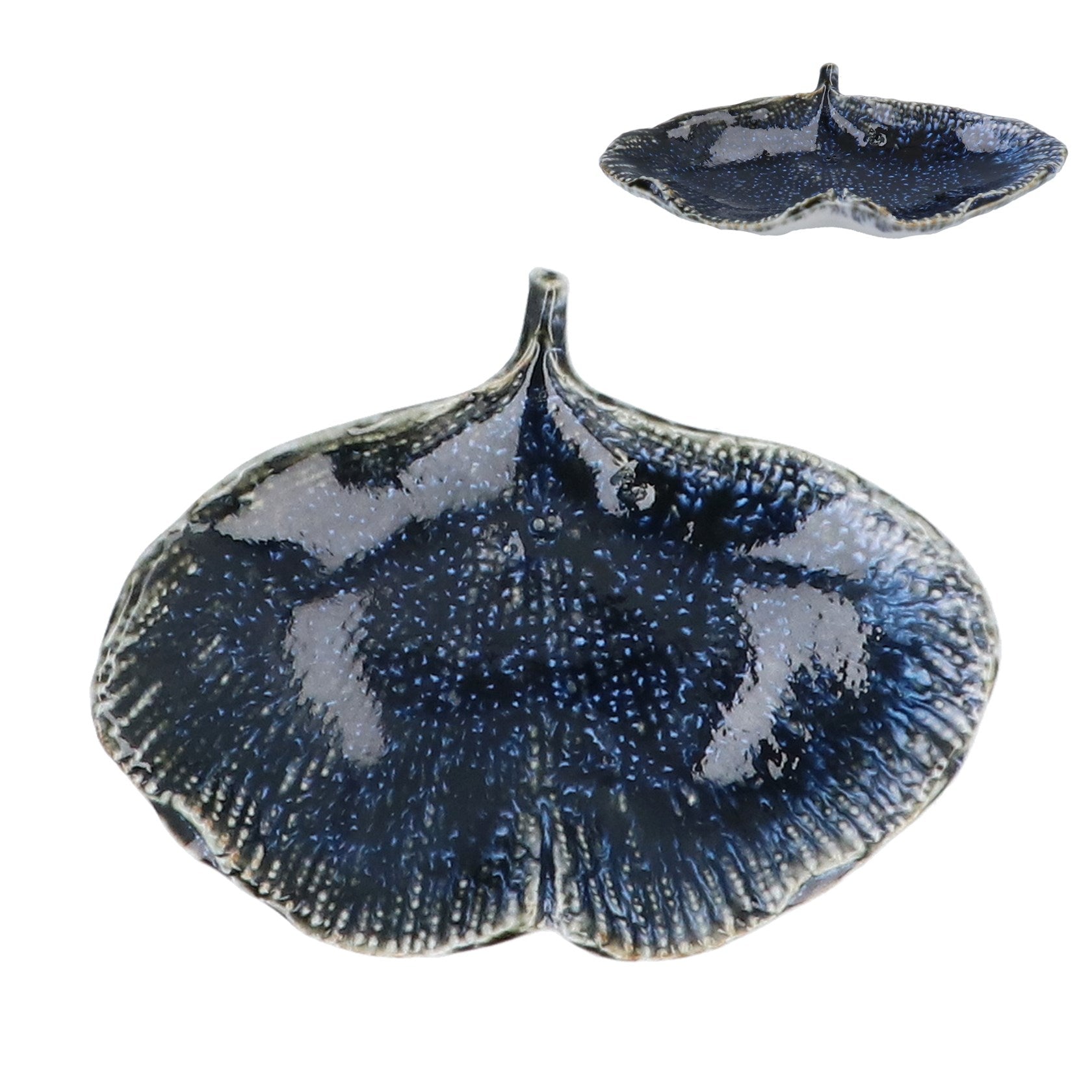 Blue reactive stoneware gingko trinket dish