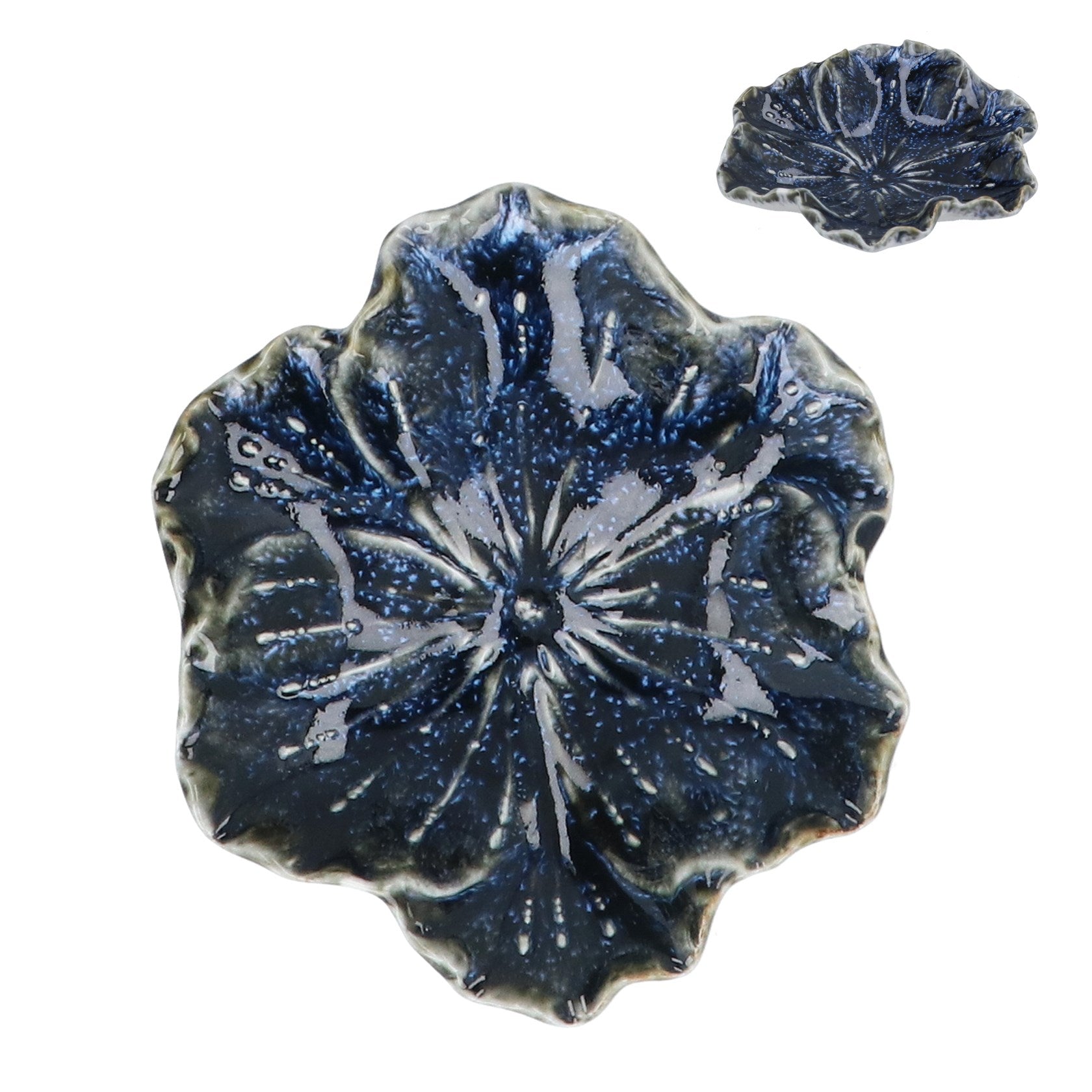 Blue reactive stoneware hellebore trinket dish