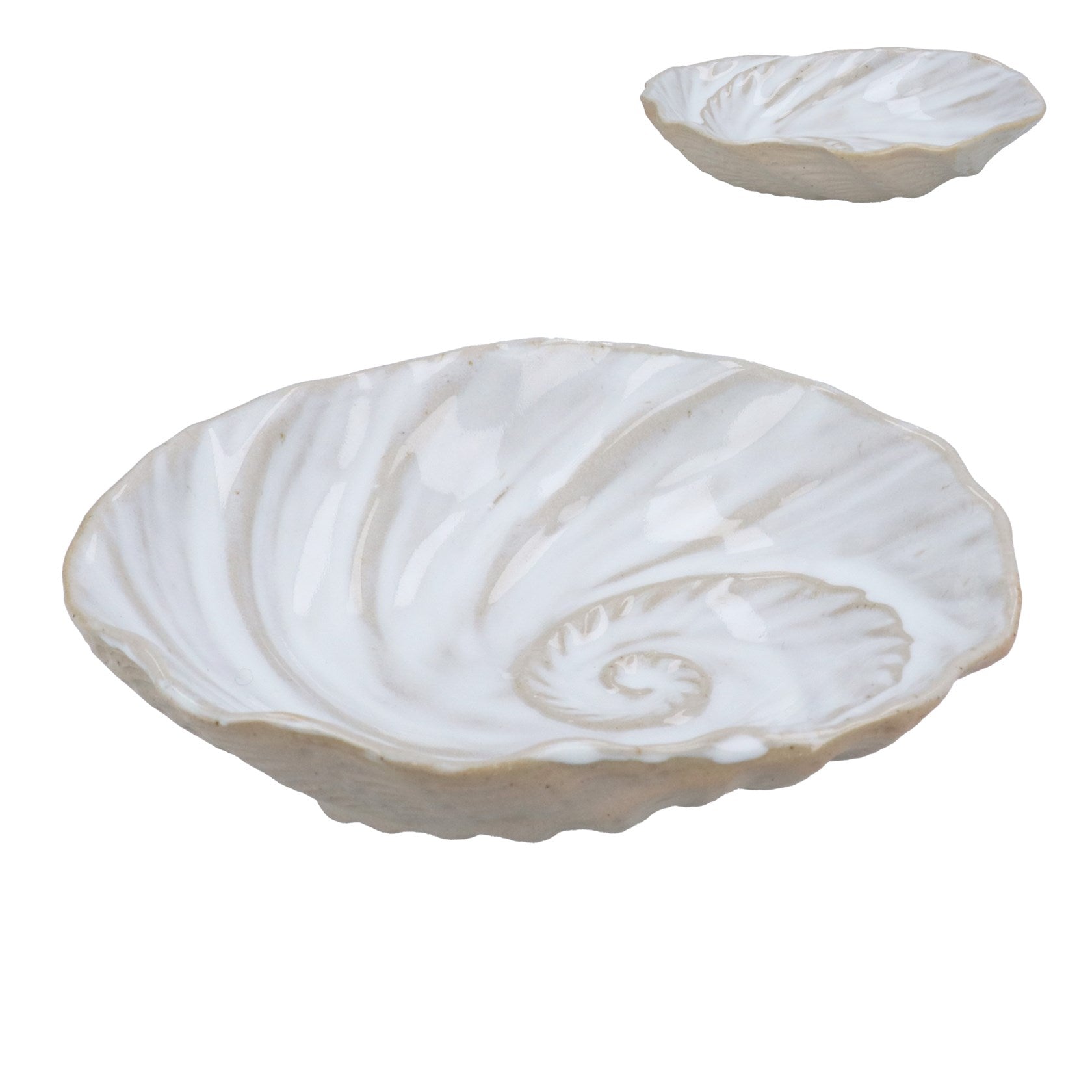 White stoneware spiral shell trinket dish