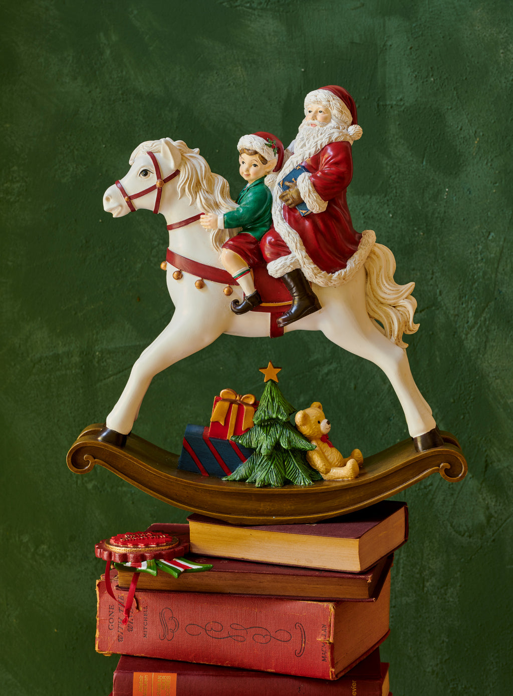 Santa and little boy on rocking horse ornament