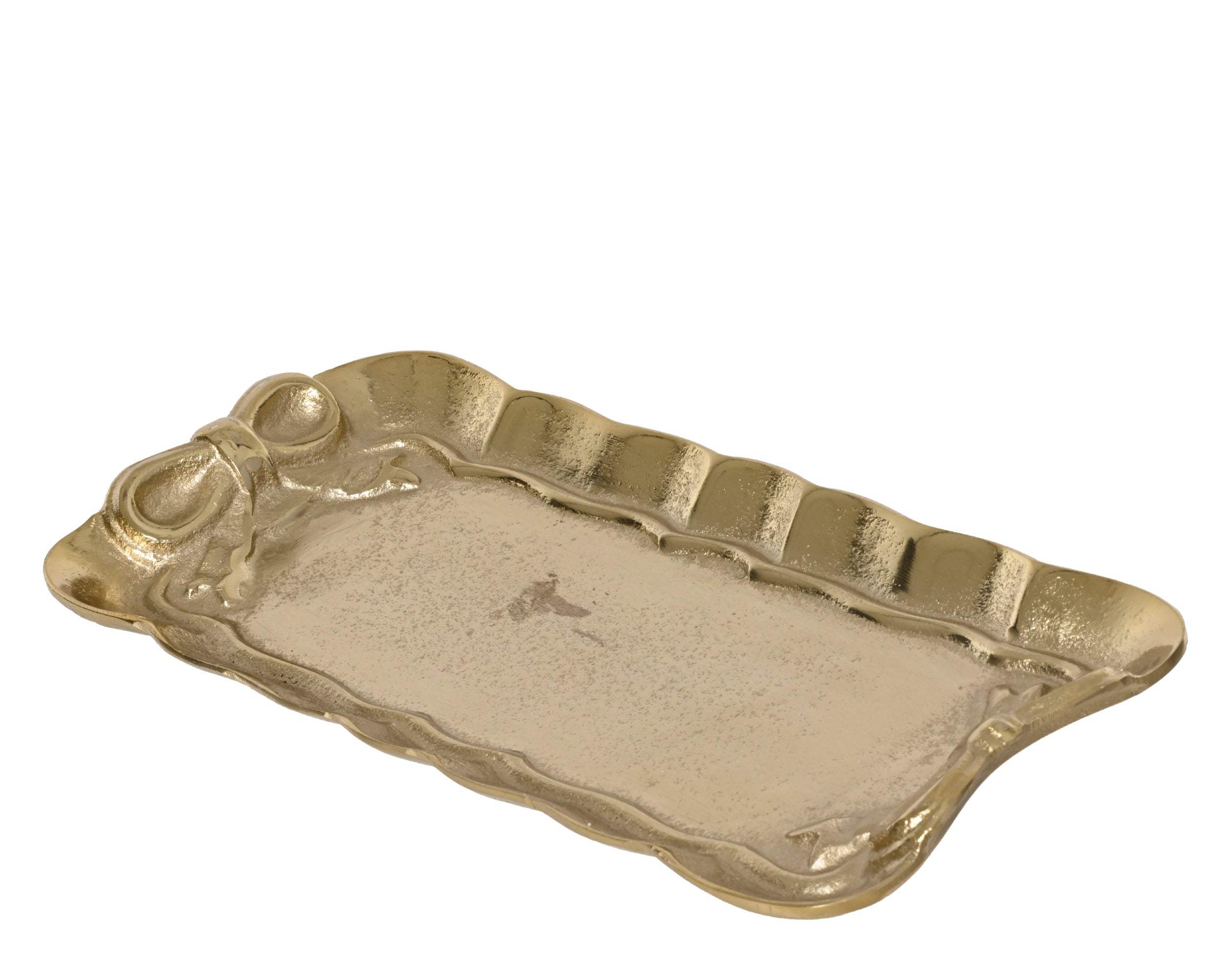 Large gold decorative tray with embossed bow