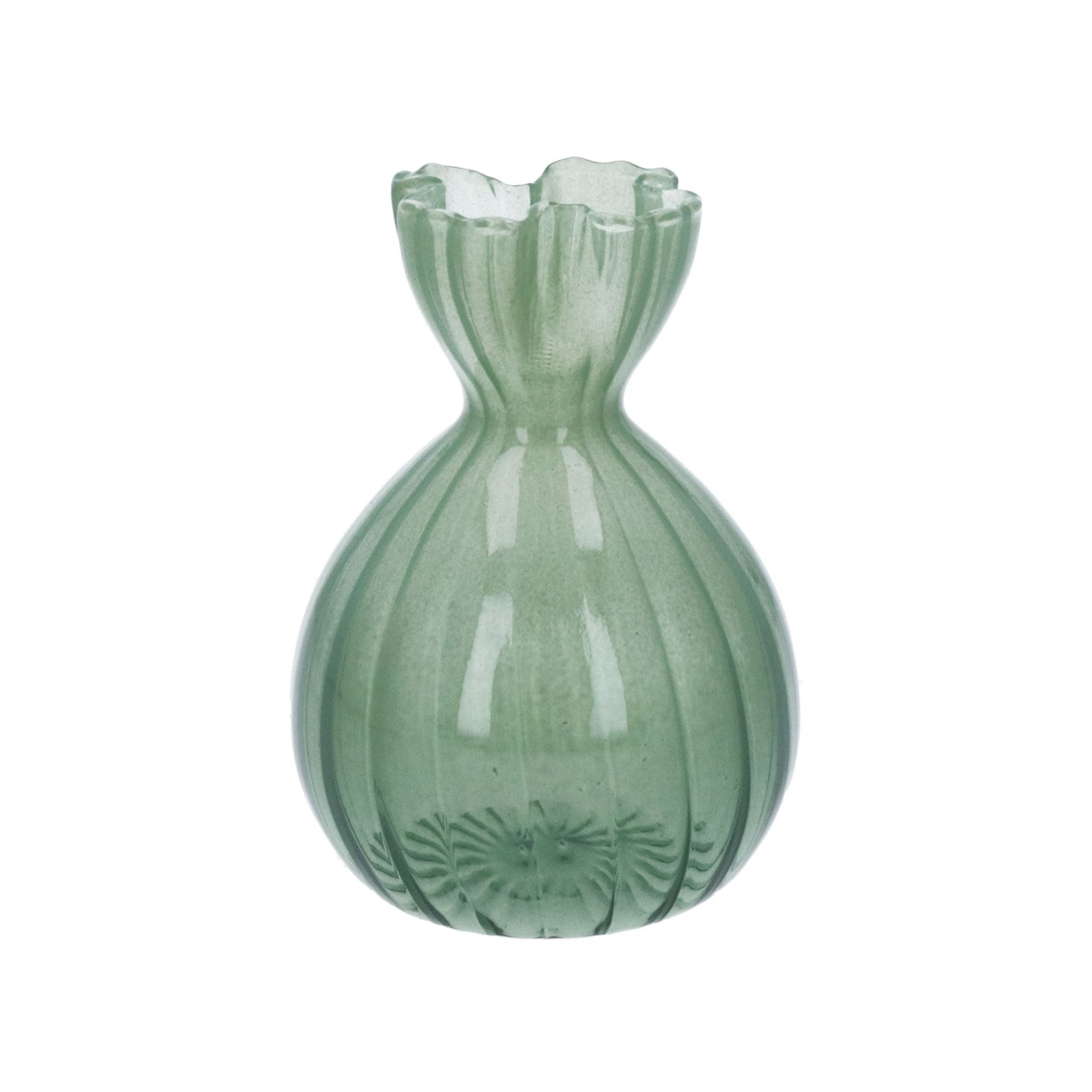 Green glass frill top bud vase