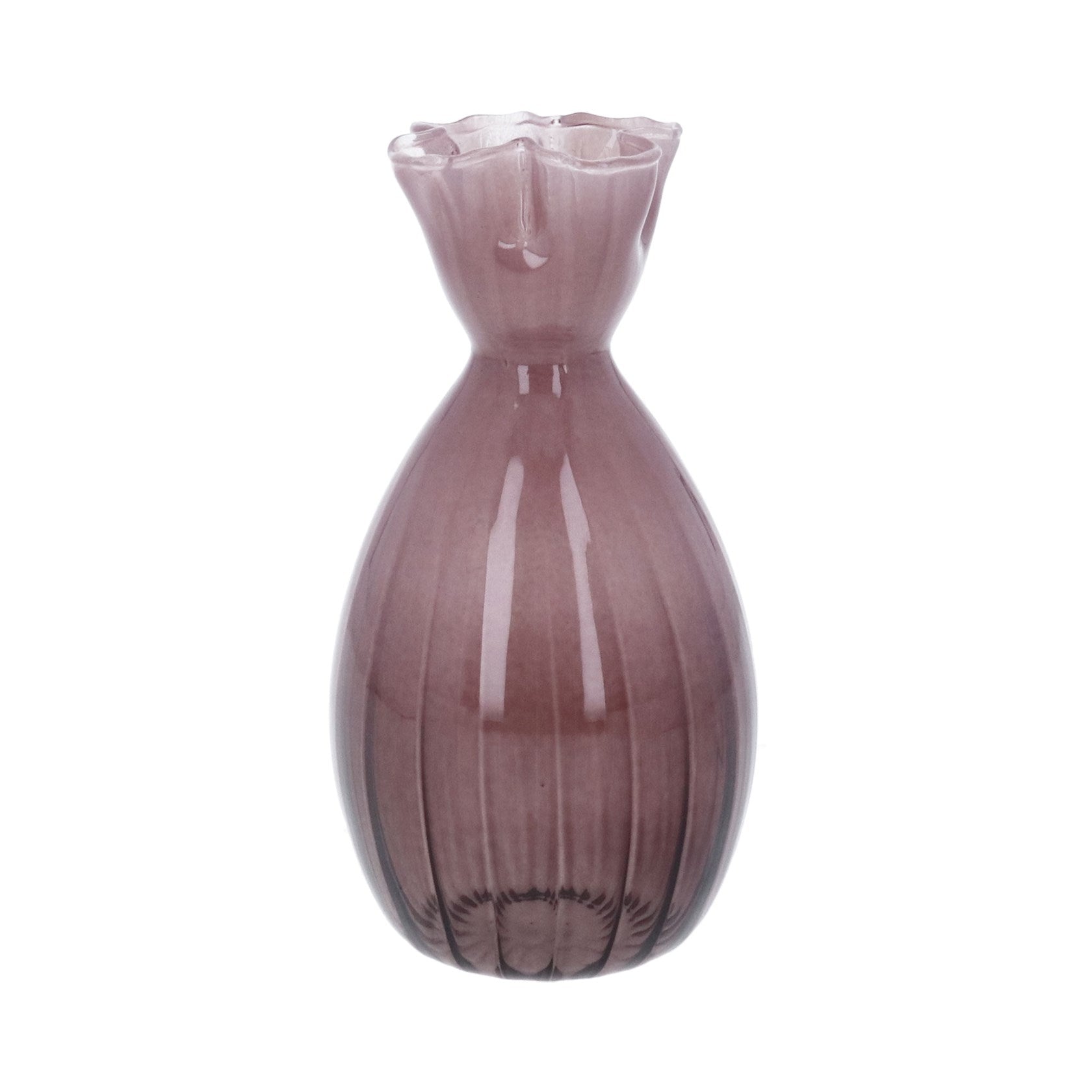 Mauve glass frill top tall bud vase
