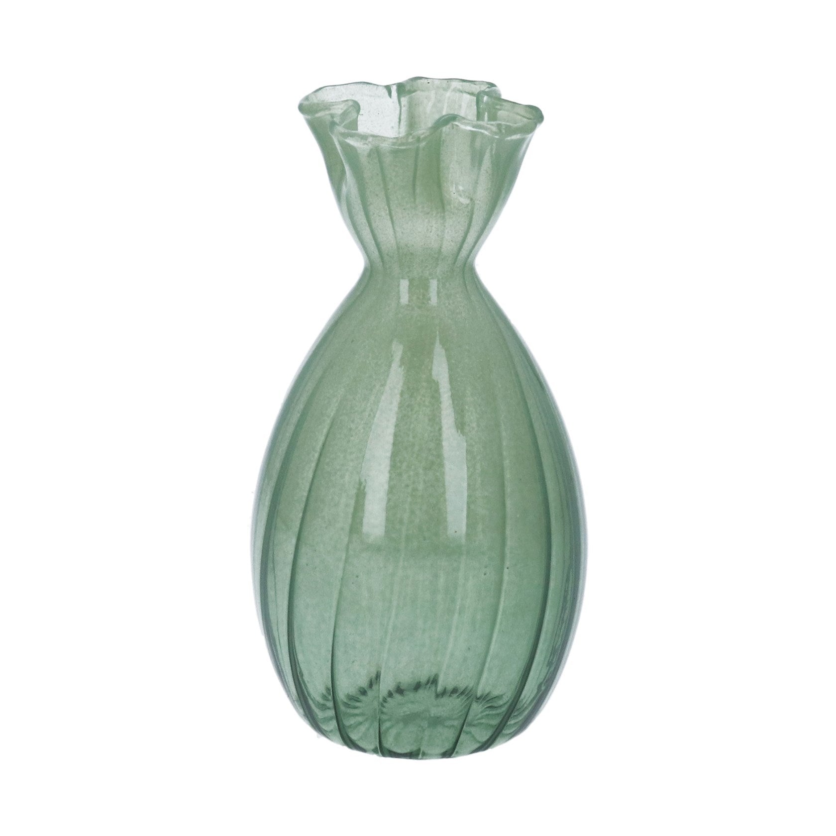 Green glass frill top tall bud vase