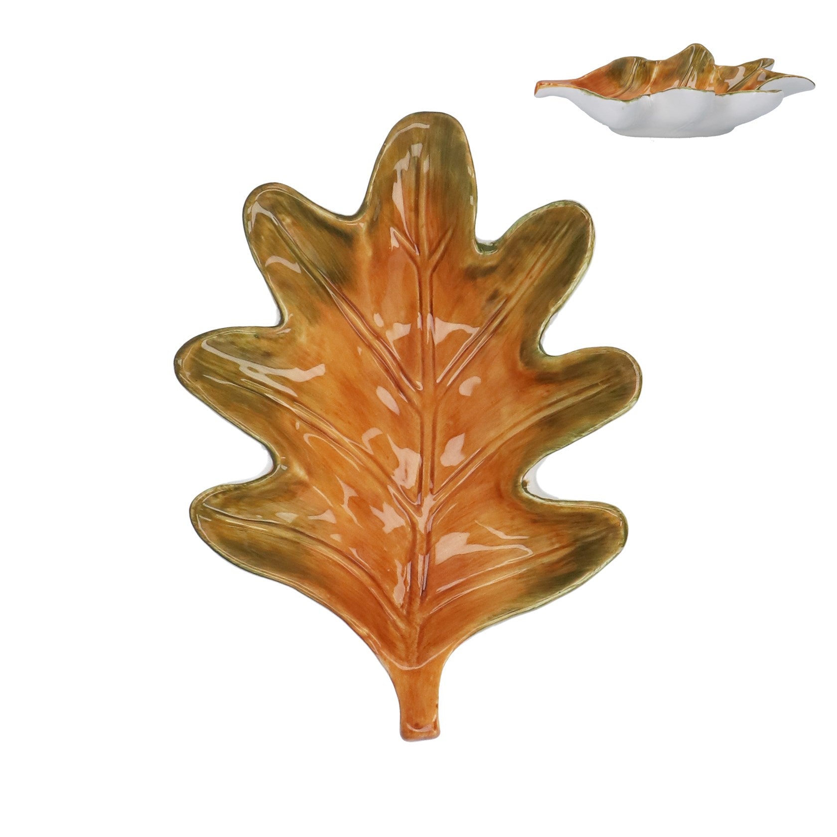 Green and yellow ceramic oak leaf dish