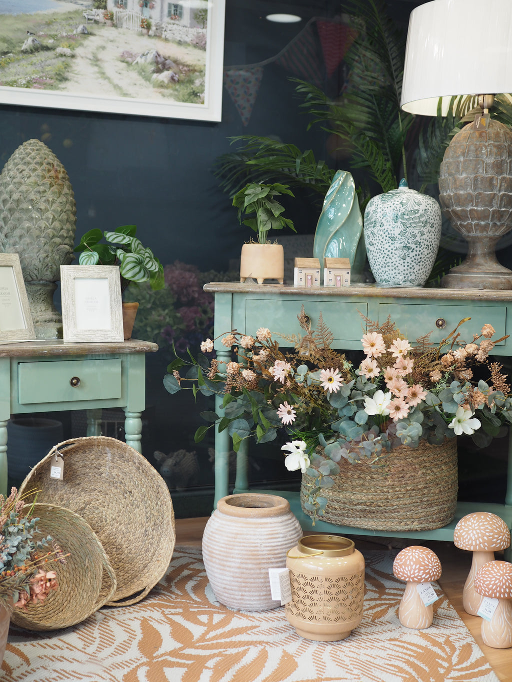 Two drawer green console table with shelf