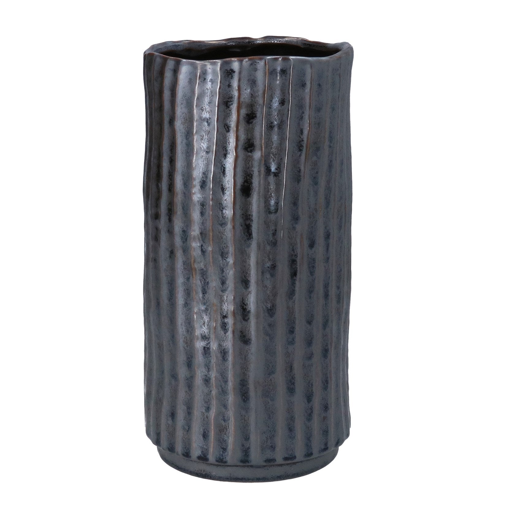 Brown metallic stoneware ribbed vase