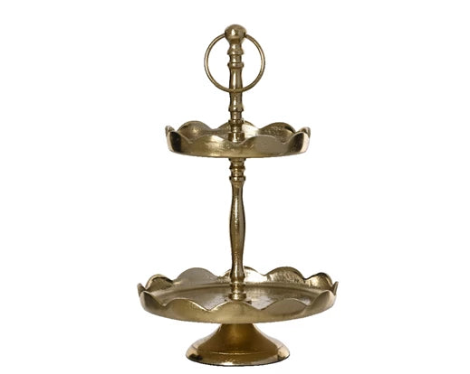 Light gold tiered cake stand with scalloped edging