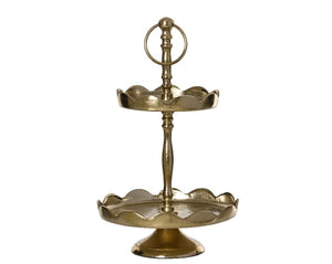 Light gold tiered cake stand with scalloped edging