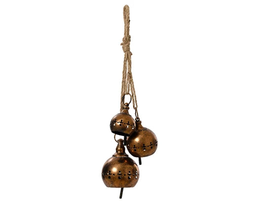 3 Hanging Antique Copper Iron Bells with Cut Out Detail