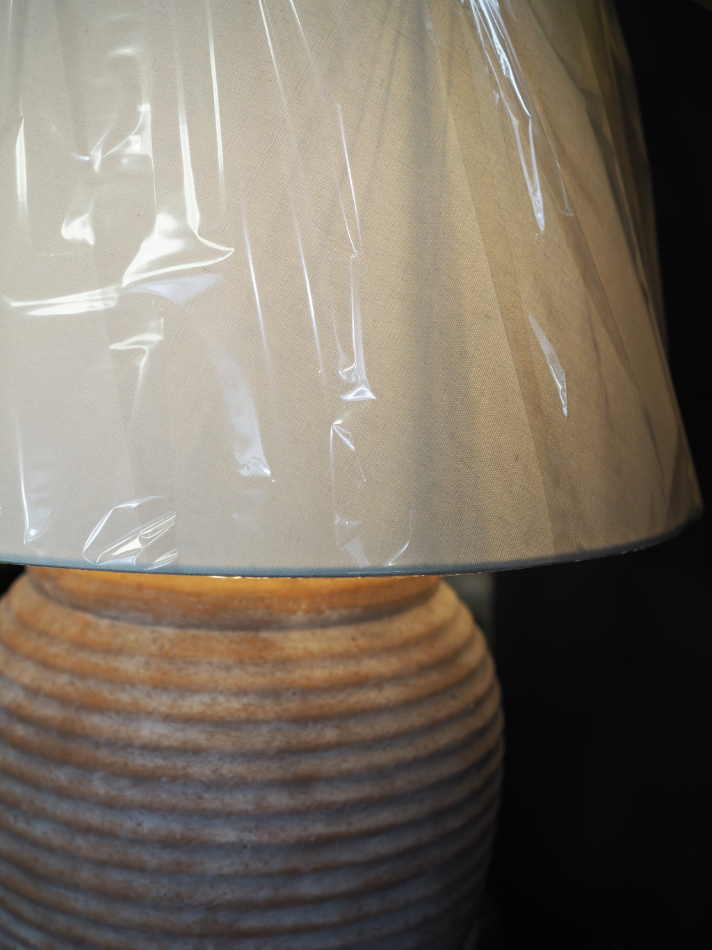 Terracotta ribbed table lamp with ivory shade