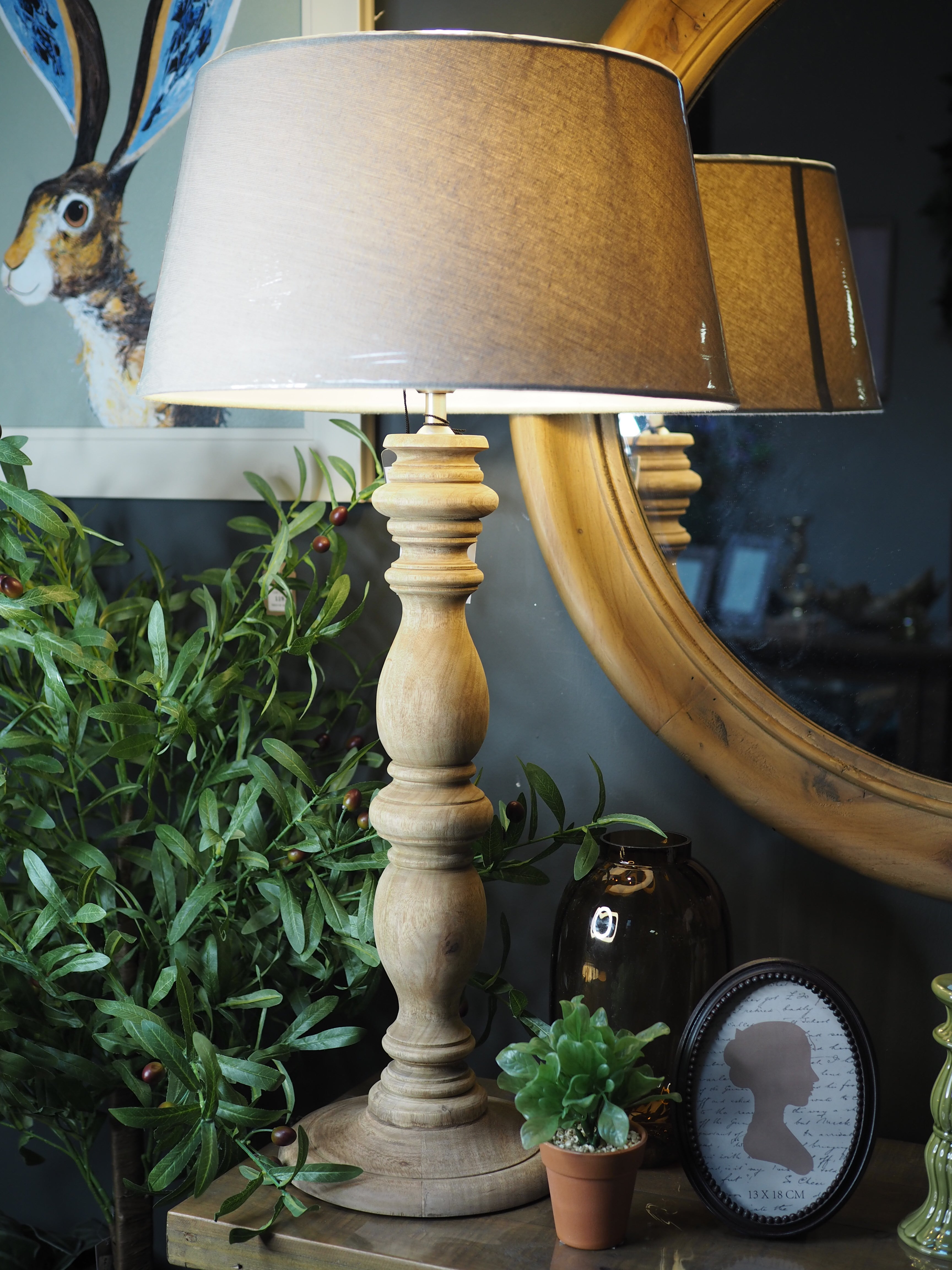 Natural wooden base table lamp with linen shade