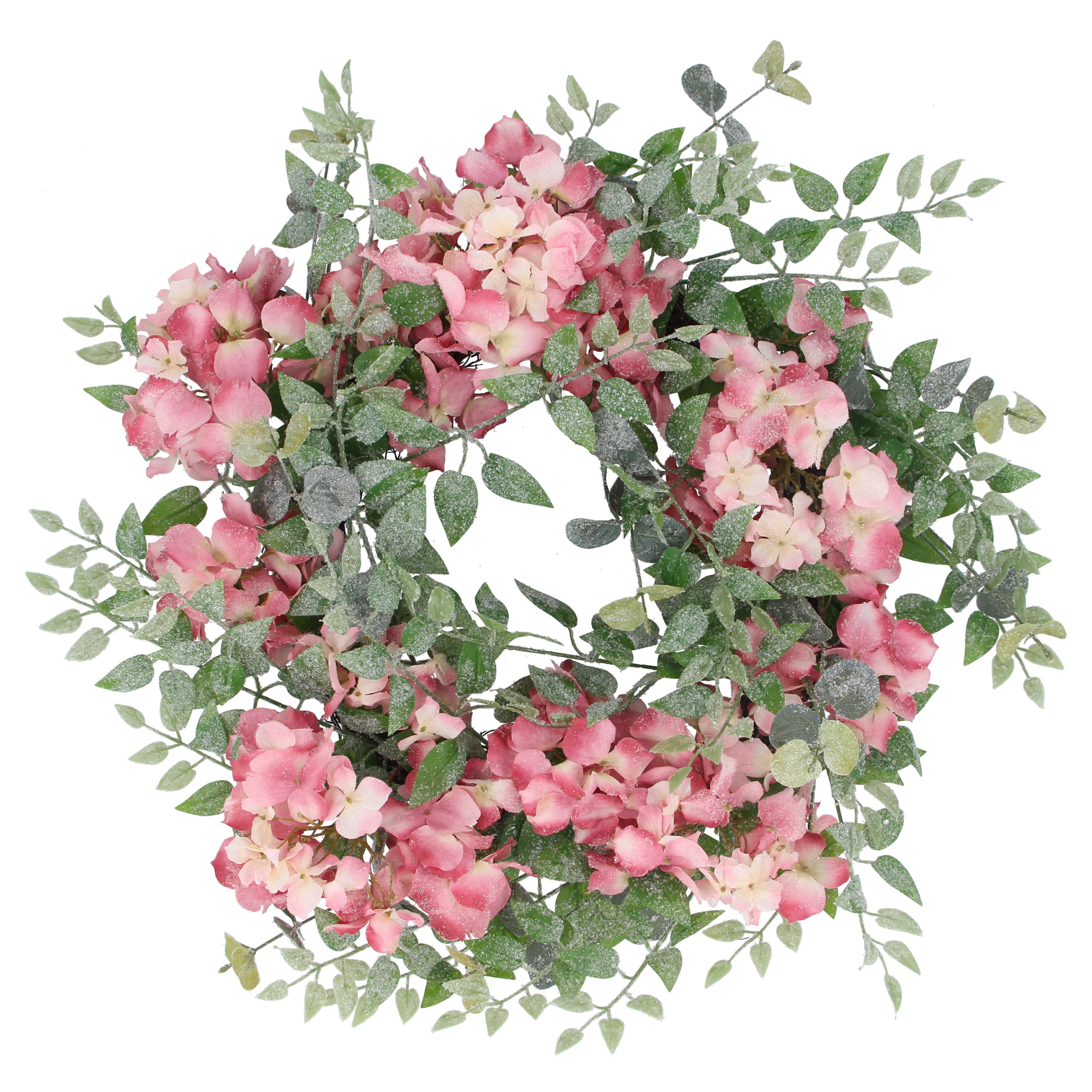 Pink hydrangea wreath with a touch of frosting