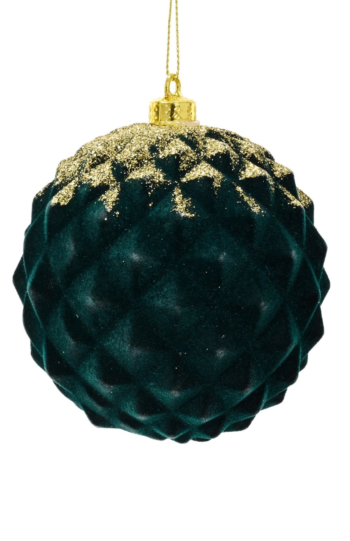 Emerald green and gold glitter shatterproof bauble, 8cm