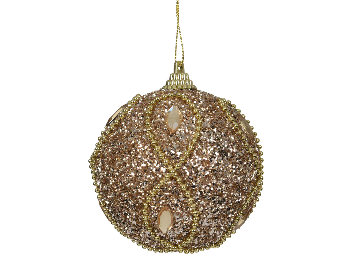 Glitzy beaded and sequinned champagne and gold shatterproof bauble