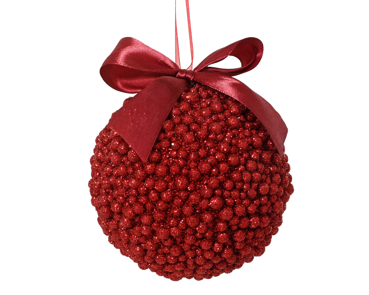 Christmas red beaded shatterproof bauble with ribbon, 10cm
