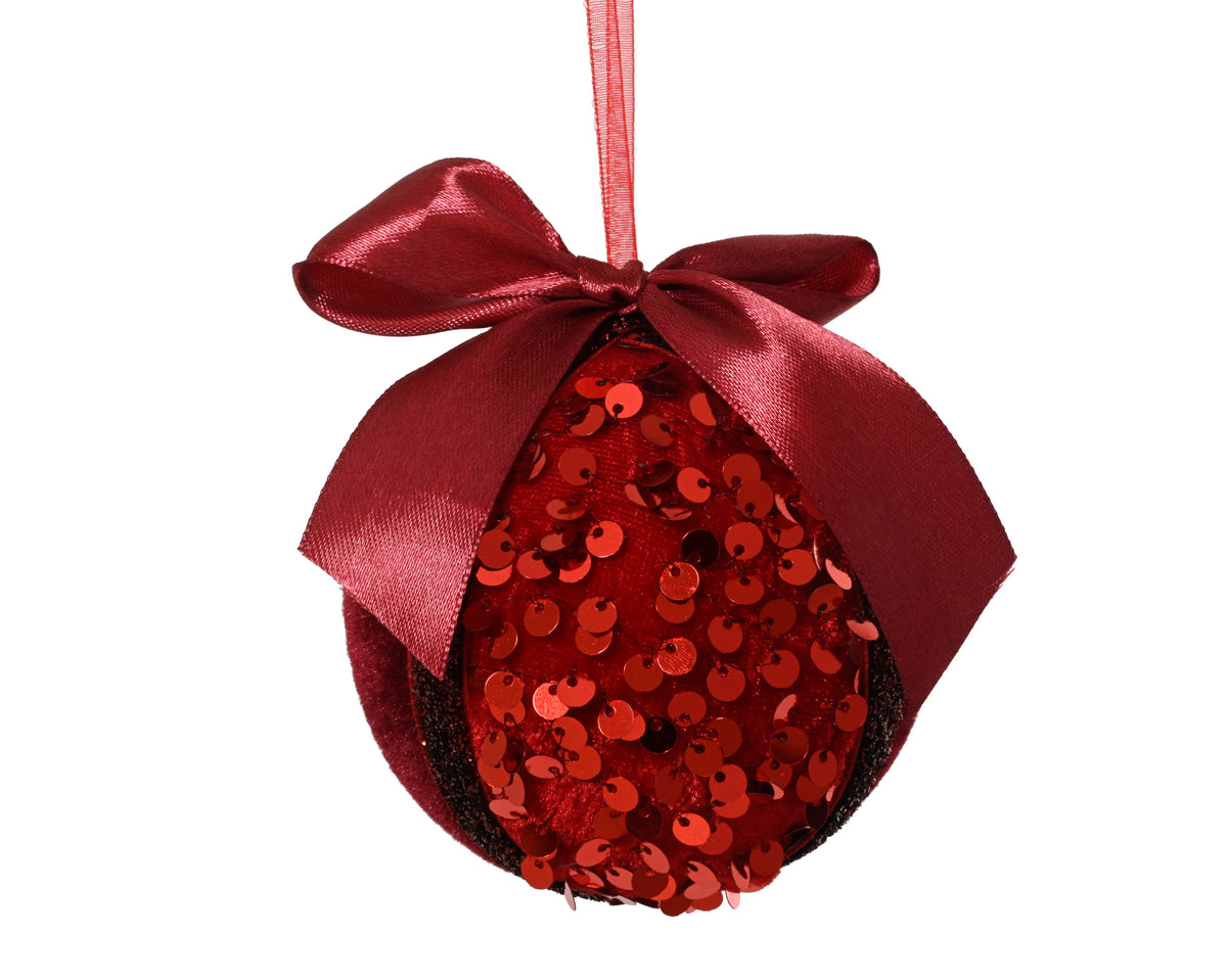 Christmas red sequin and velvet shatterproof bauble with bow