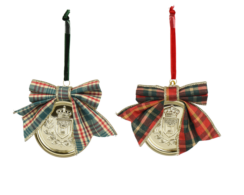 Gold embossed Christmas bauble with tartan ribbon